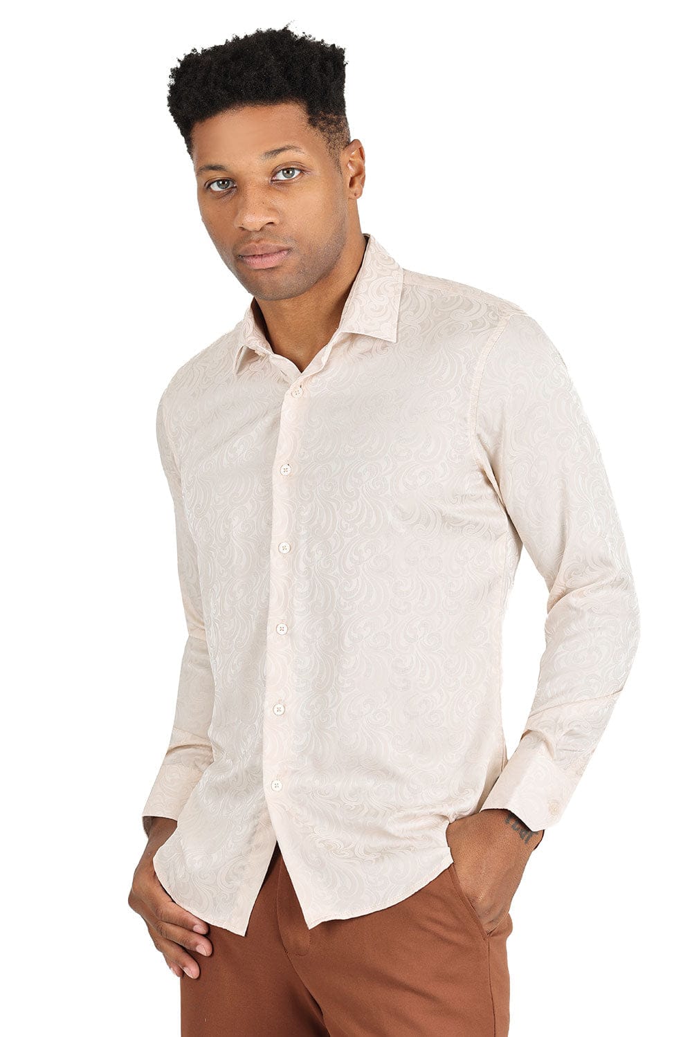 BARABAS Men's Paisley Long Sleeve Button Down Shirt 2B320 #Color_Tan