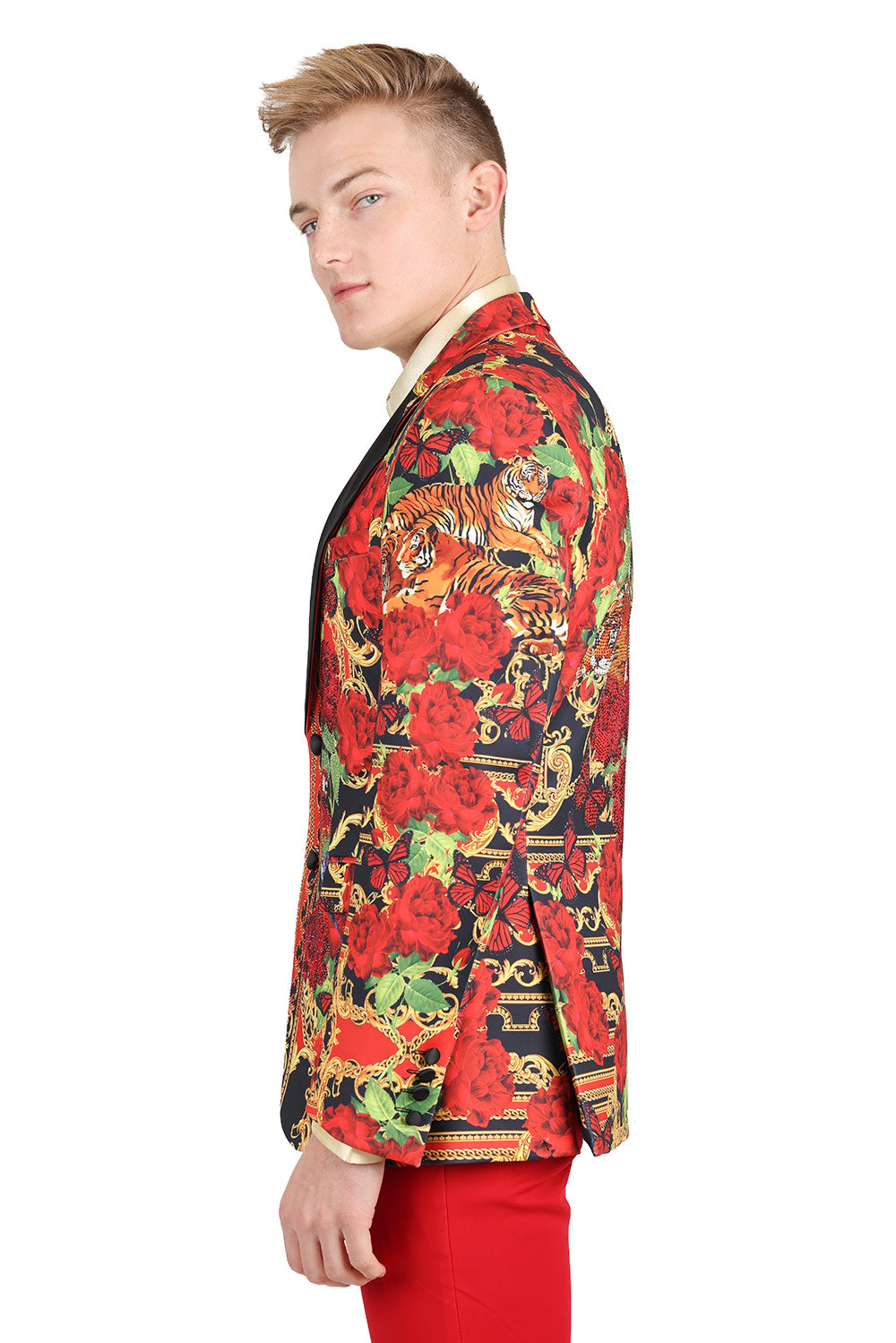 BARABAS Men's Rhinestone Floral Tiger Parrot Notch Lapel Blazer 2BL20
