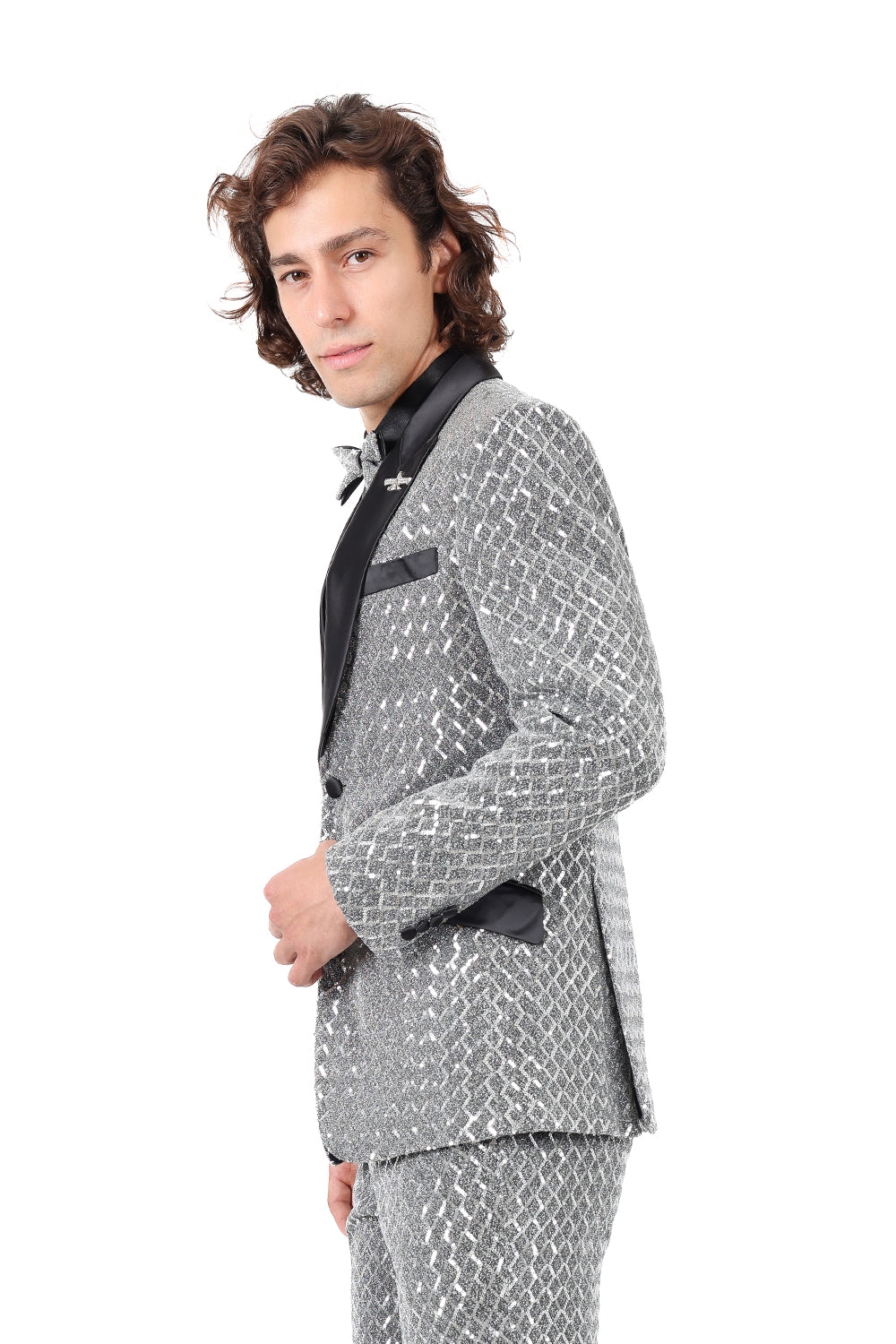 BARABAS Men's Diamond Sequin Design Notched black Blazer 2BL3099 Silver