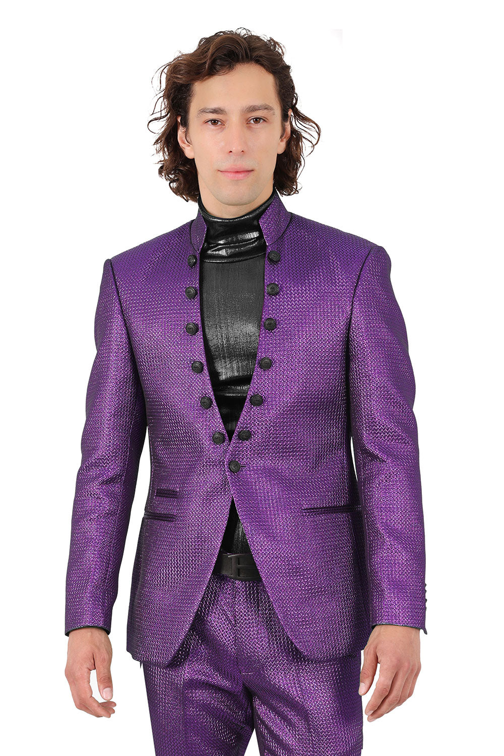 Barabas Men's Stand Collar Shiny Textured Material Blazer 2BL3105 Purple