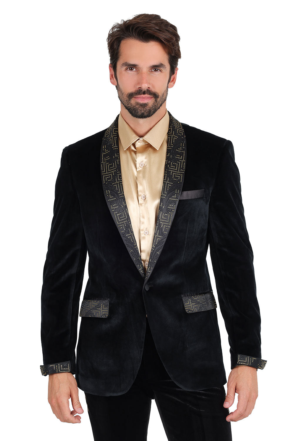 Barabas Mens Rhinestone Greek Key Luxury Dress Velvet Blazer 2BLR3 Black Gold