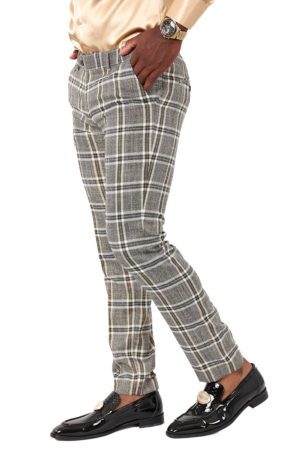 Barabas Men's Printed Checkered Plaid Design Chino Pants 2CP187 Grey Gold