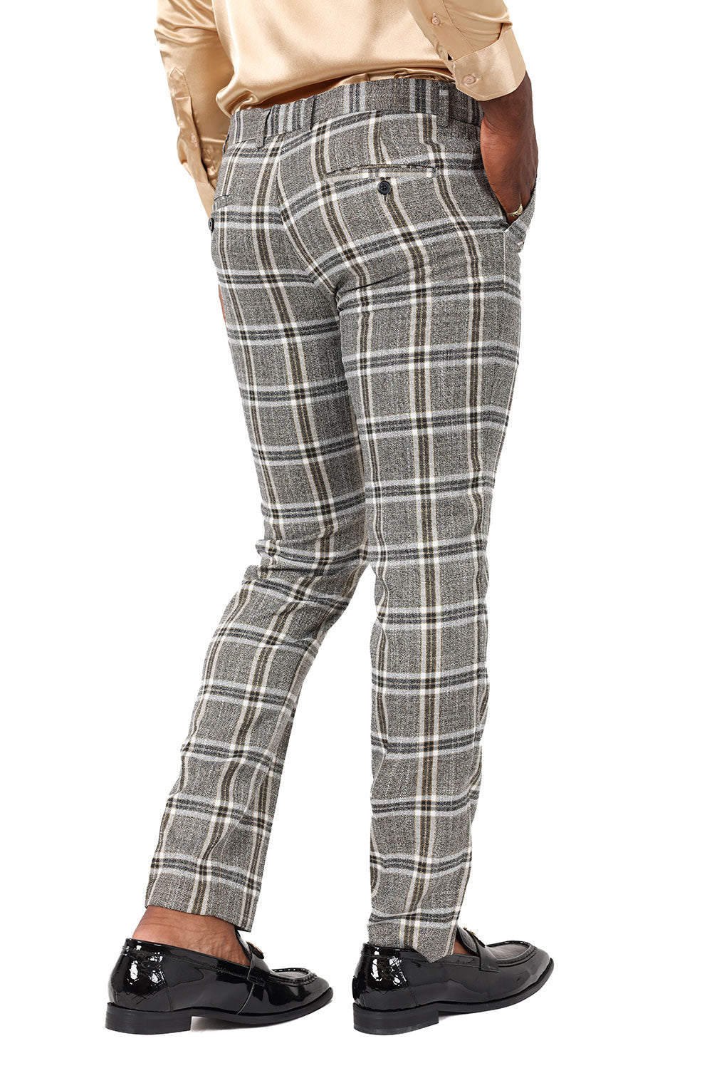 Barabas Men's Printed Checkered Plaid Design Chino Pants 2CP187 Grey Gold