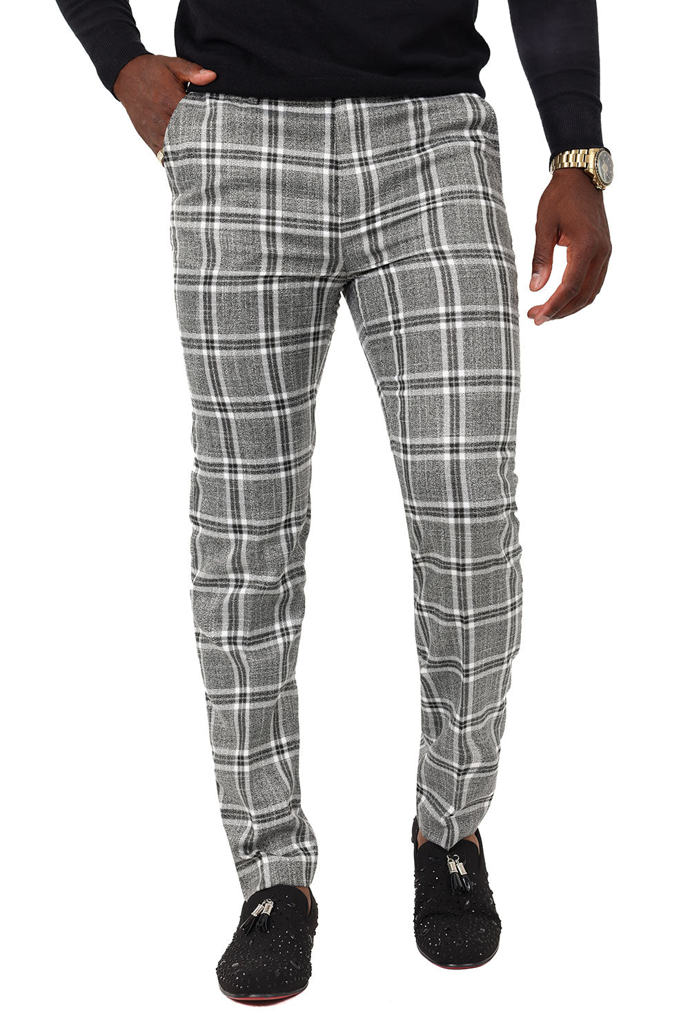 Barabas Men's Printed Checkered Plaid Design Chino Pants 2CP187 Grey Silver