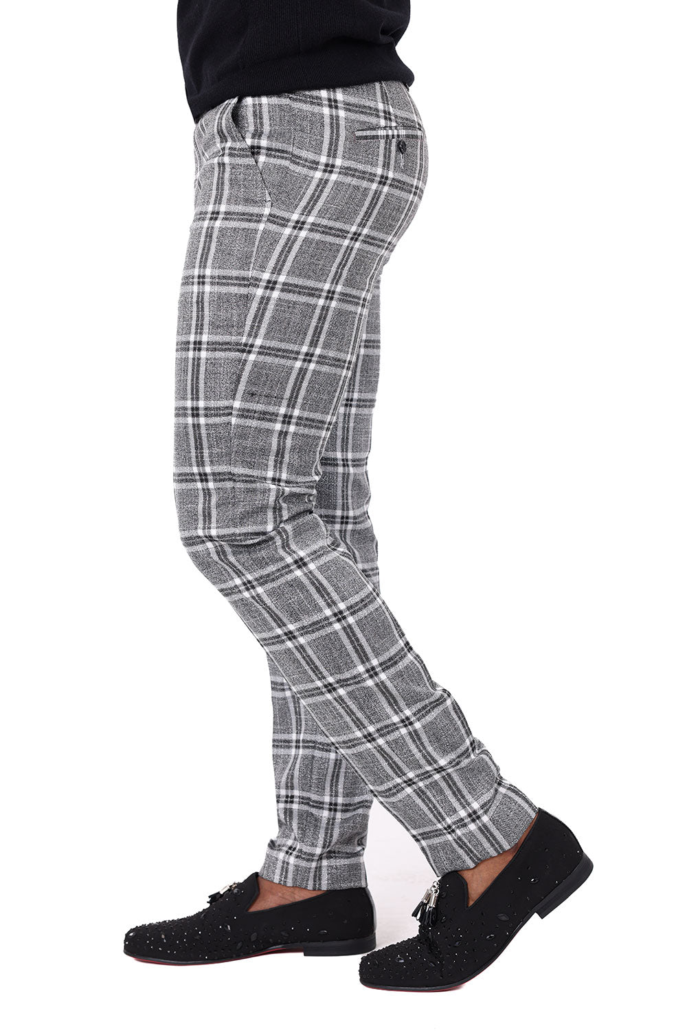 Barabas Men's Printed Checkered Plaid Design Chino Pants 2CP187 Grey Silver