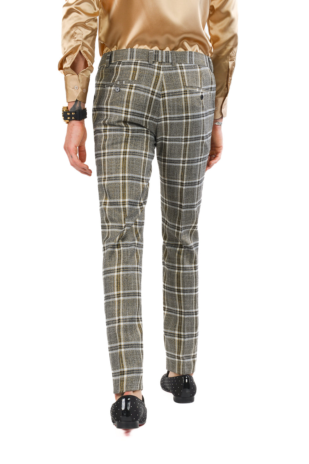 Barabas Men's Printed Checkered Plaid Design Chino Pants 2CP187 Grey Gold