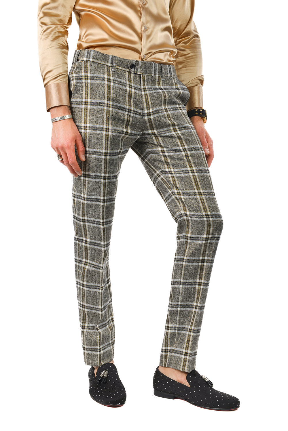 Barabas Men's Printed Checkered Plaid Design Chino Pants 2CP187 Grey Gold