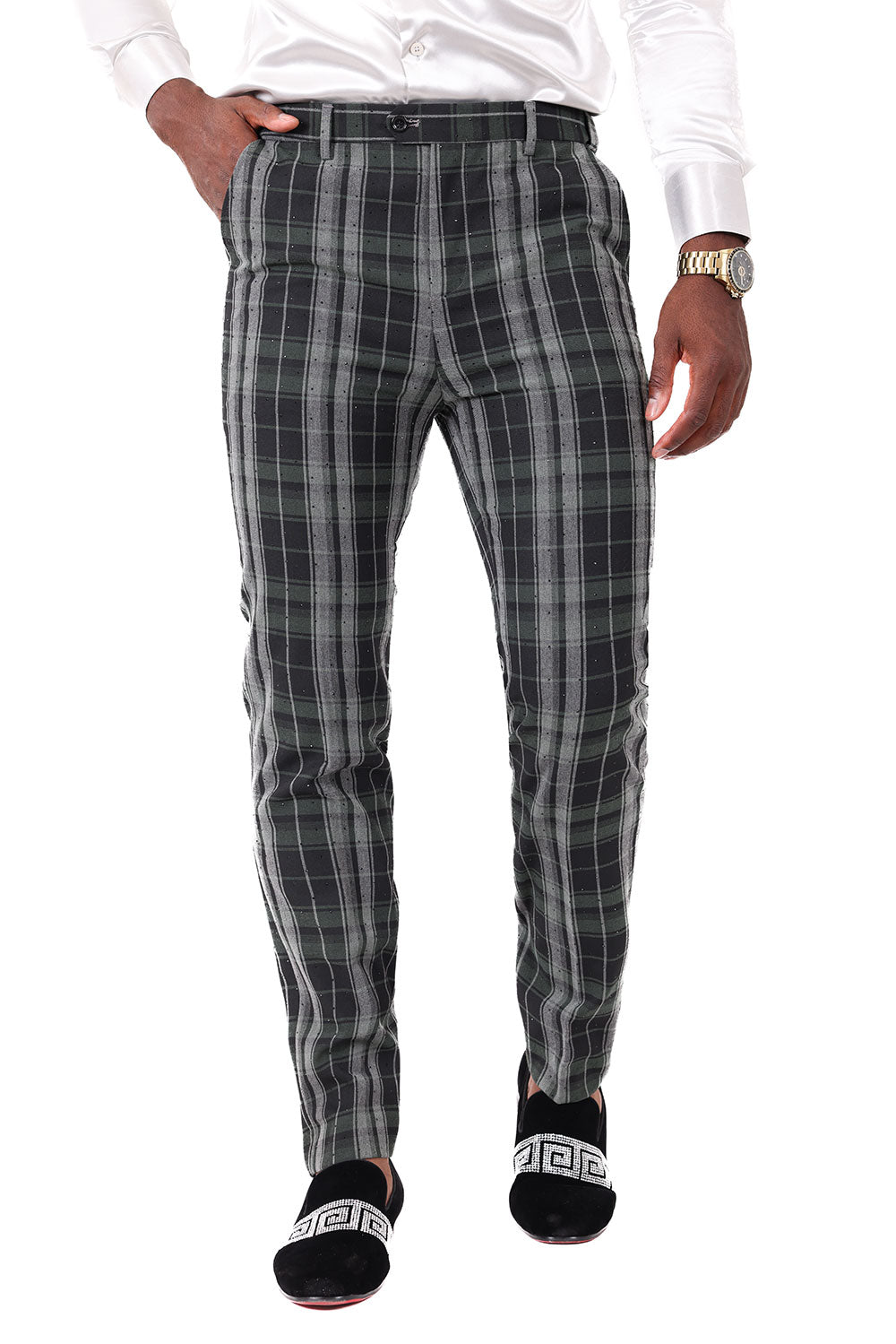BARABAS men's plaid checkered Rhinestone chino dress pants 2CP193 Black Green