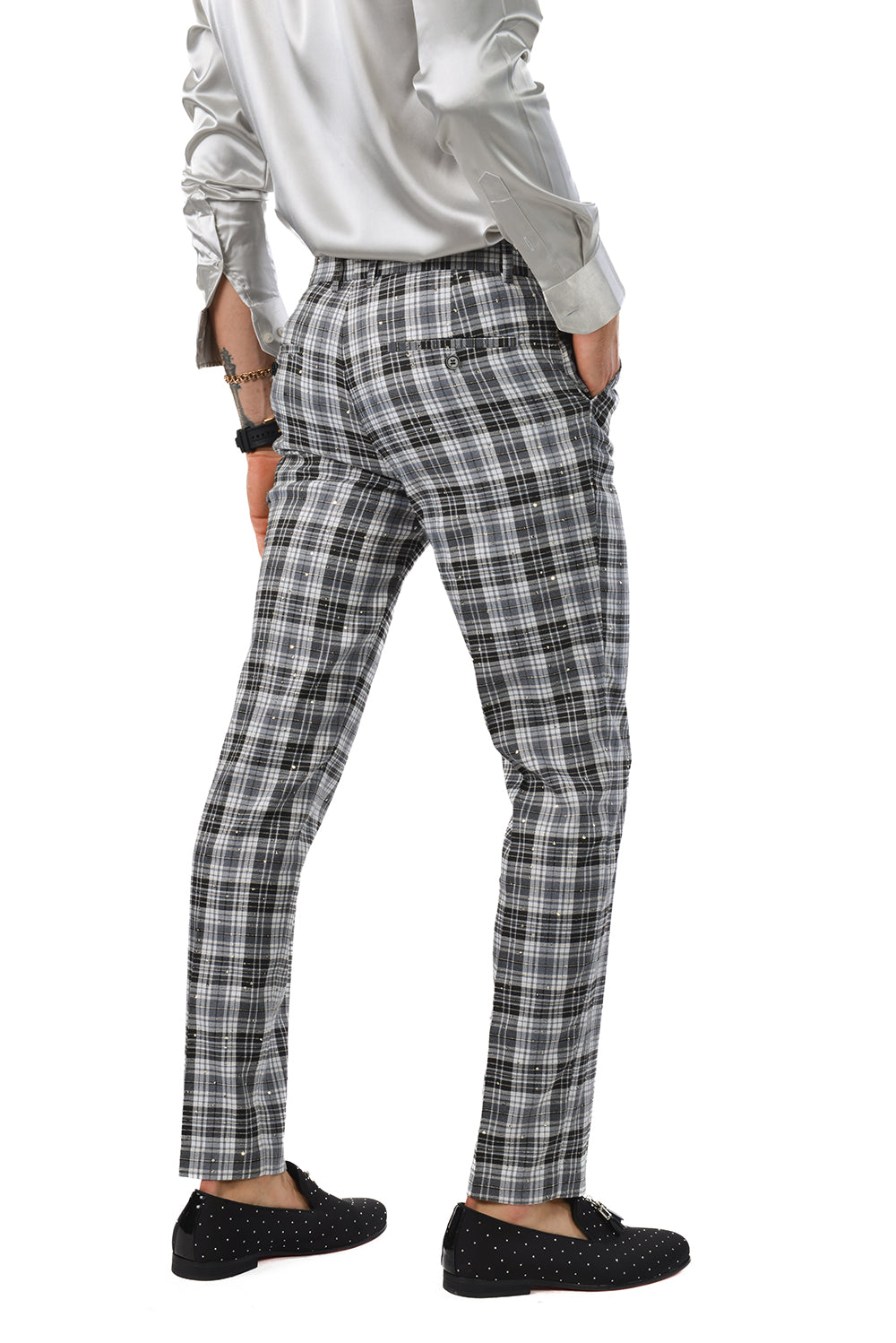 Barabas Men's Printed Checkered Design Rhinestone Chino Pants 2CP210 Black White