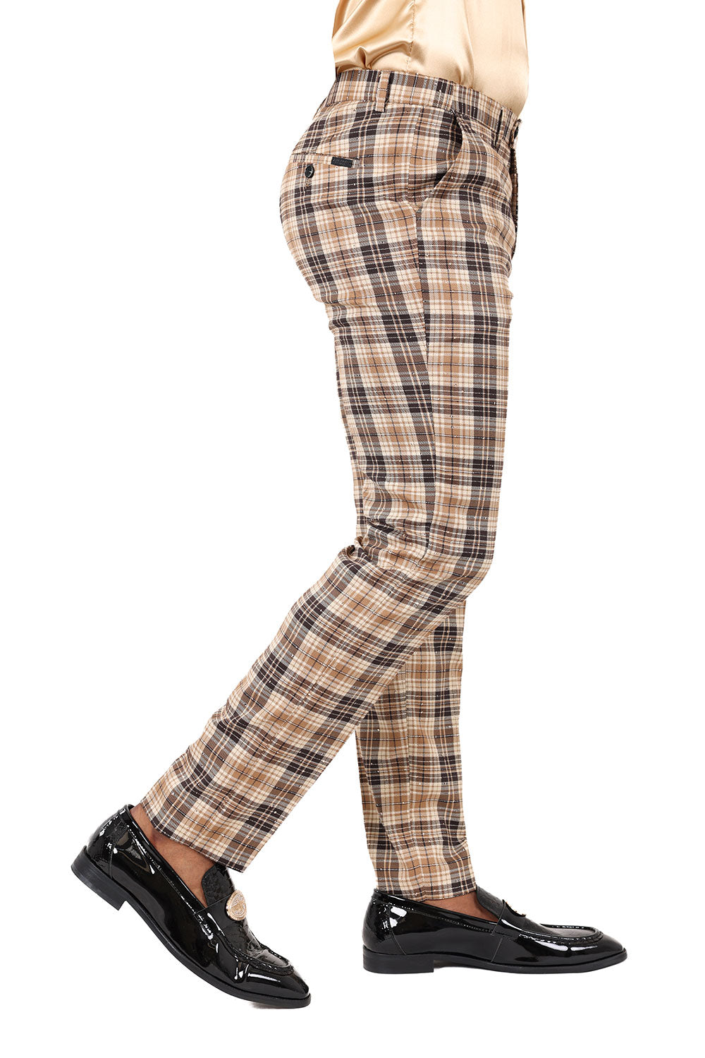 Barabas Men's Printed Checkered Design Rhinestone Chino Pants 2CP210 Camel