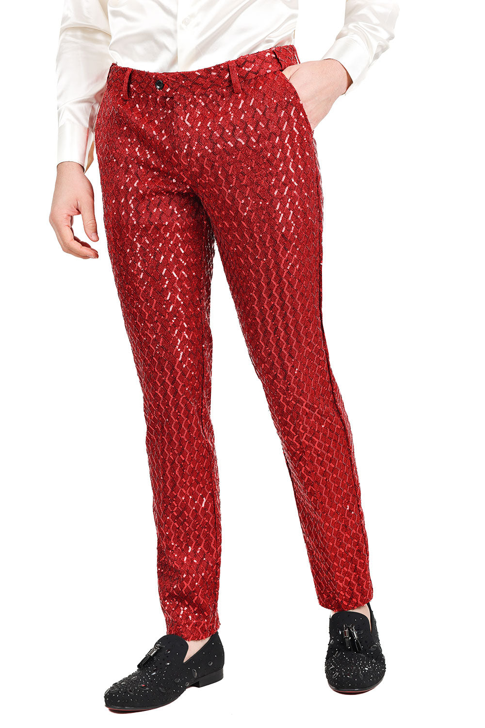 Barabas Men's Sequin Diamond Design Shiny Chino Pants 2CP3099 Red