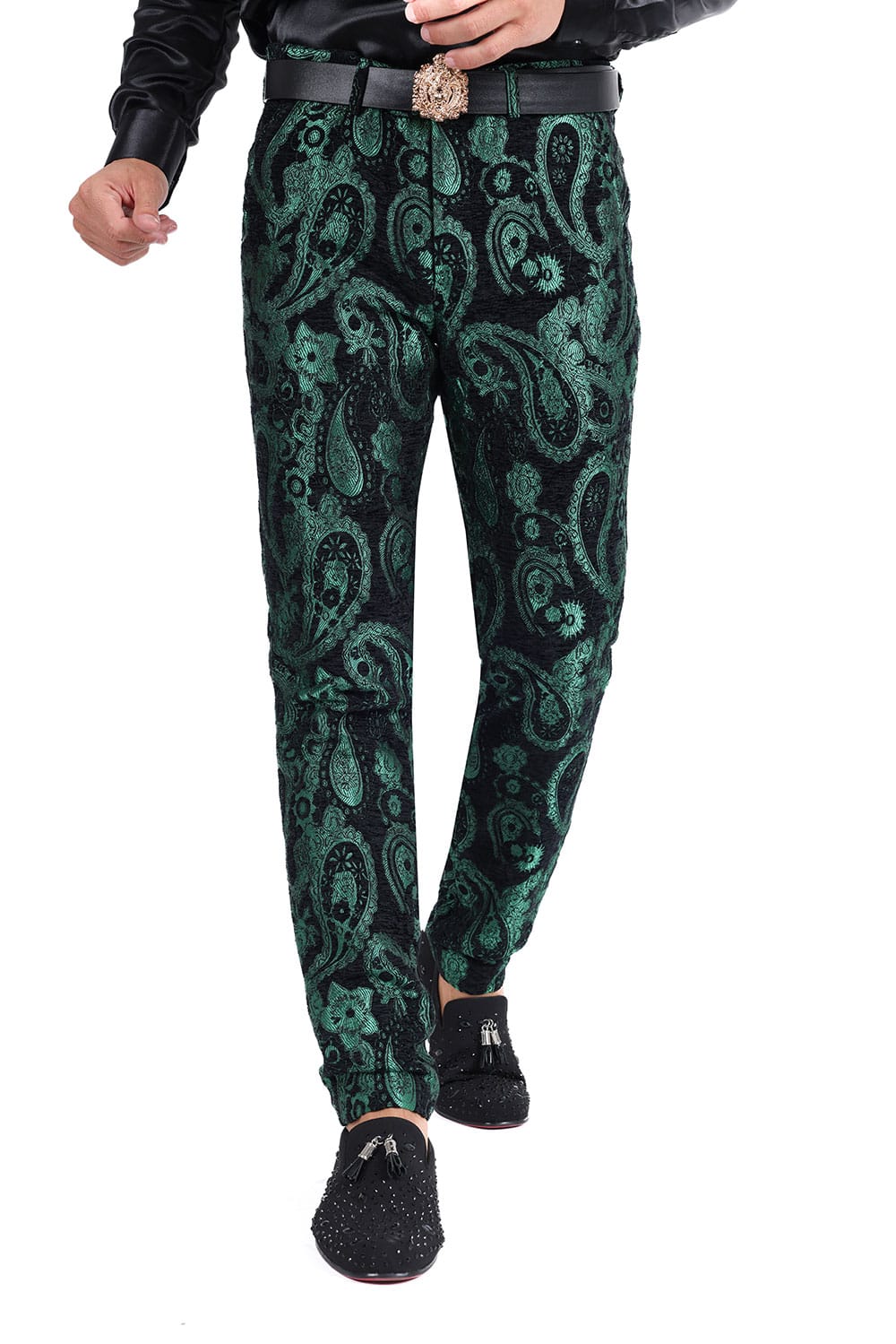 Barabas Men's Paisley Floral Print Design Luxury Pants 2CP3101 Green Black