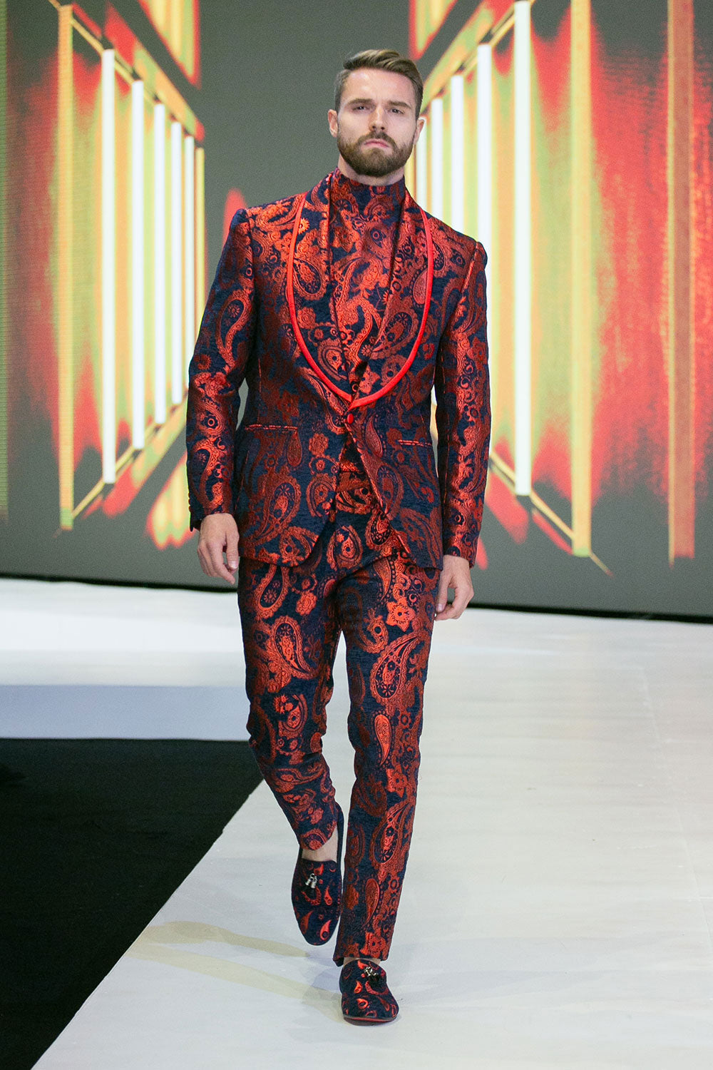 Barabas Men's Paisley Floral Print Design Luxury Pants 2CP3101 Red Navy
