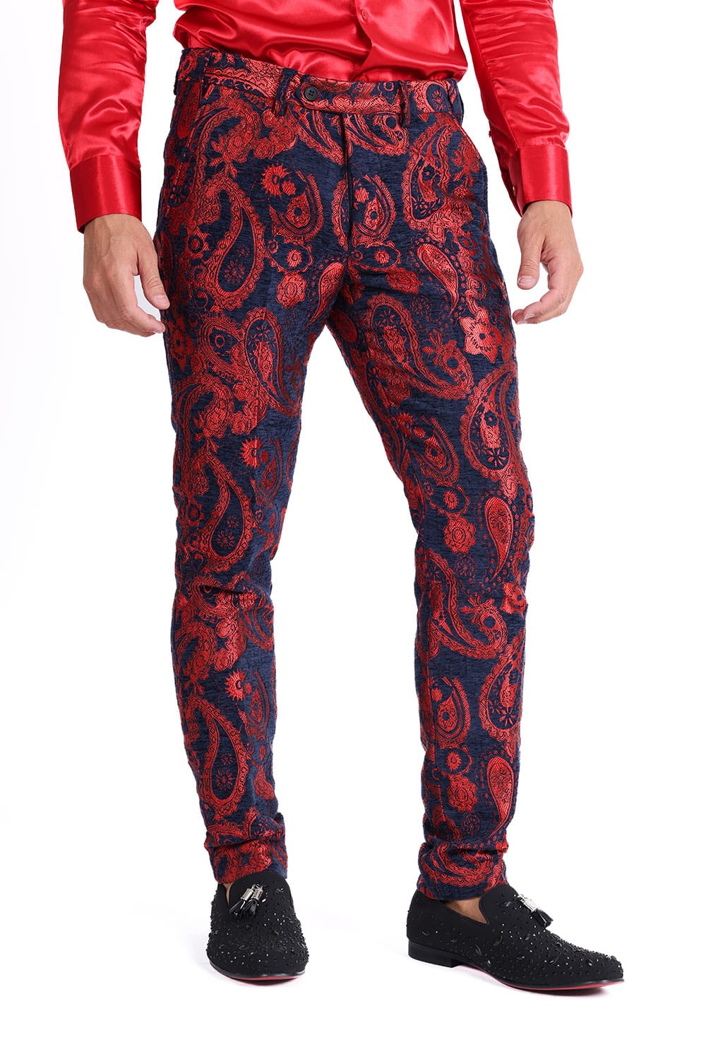 Barabas Men's Paisley Floral Print Design Luxury Pants 2CP3101 Red Navy