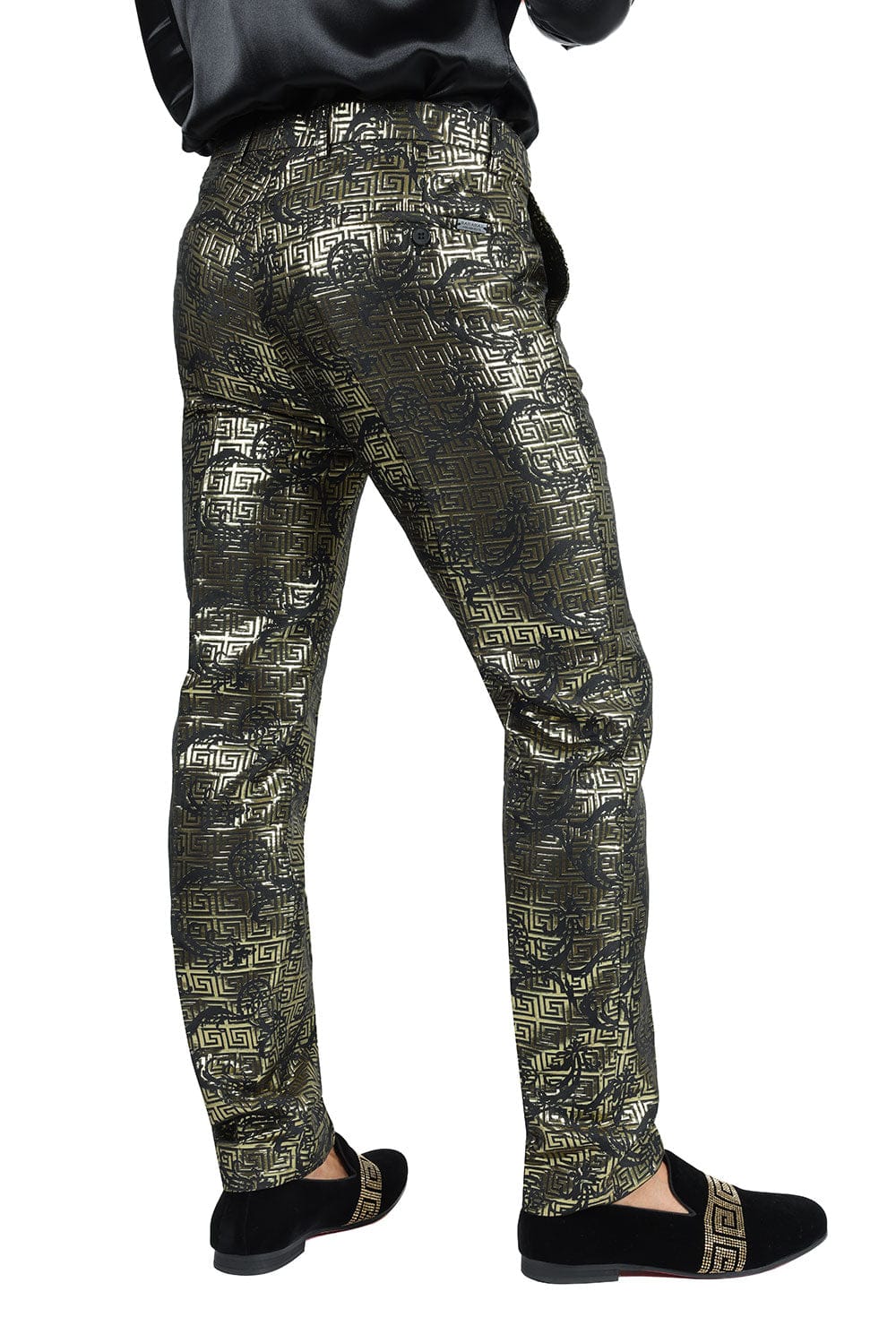 Barabas Men's Shiny Greek Fret Prints Design Chino Pants 2CP3102 Gold Black