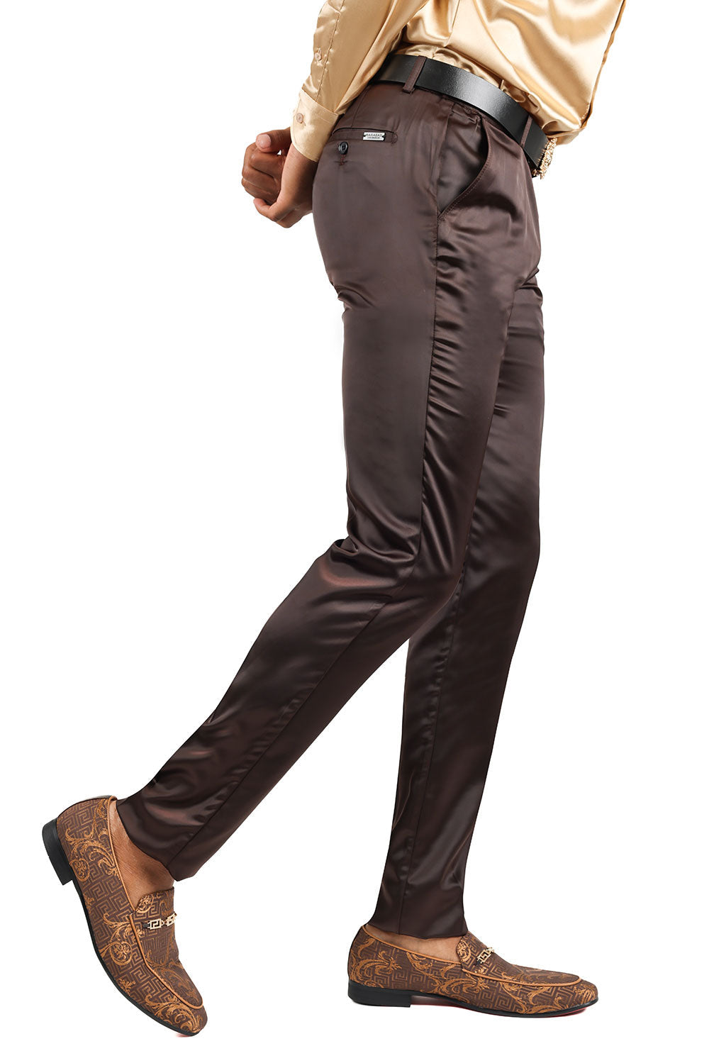 Barabas Men's Satin Solid Design Shiny Luxury Chino Pants 2CP3114 Brown