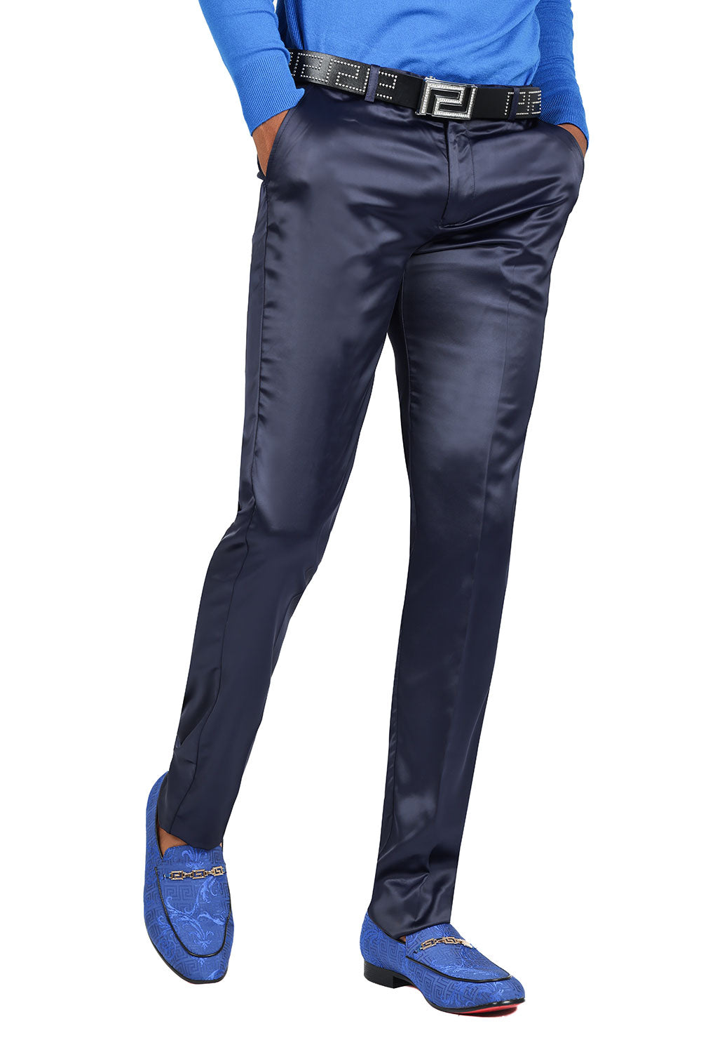 Barabas Men's Satin Solid Design Shiny Luxury Chino Pants 2CP3114 Navy