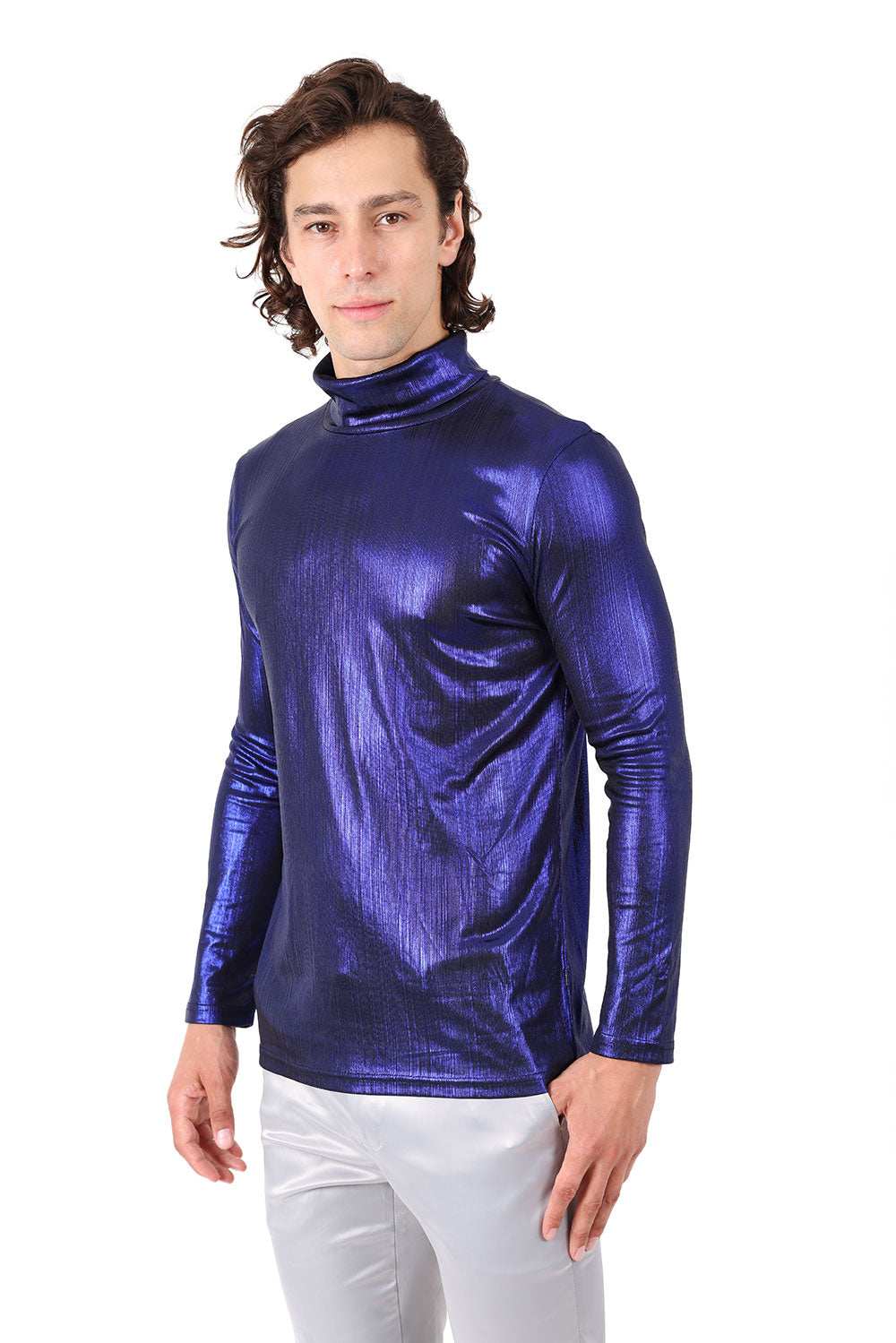 Barabas Men's Metallic Shiny Long Sleeve Turtleneck Sweater 2KT1000 Royal