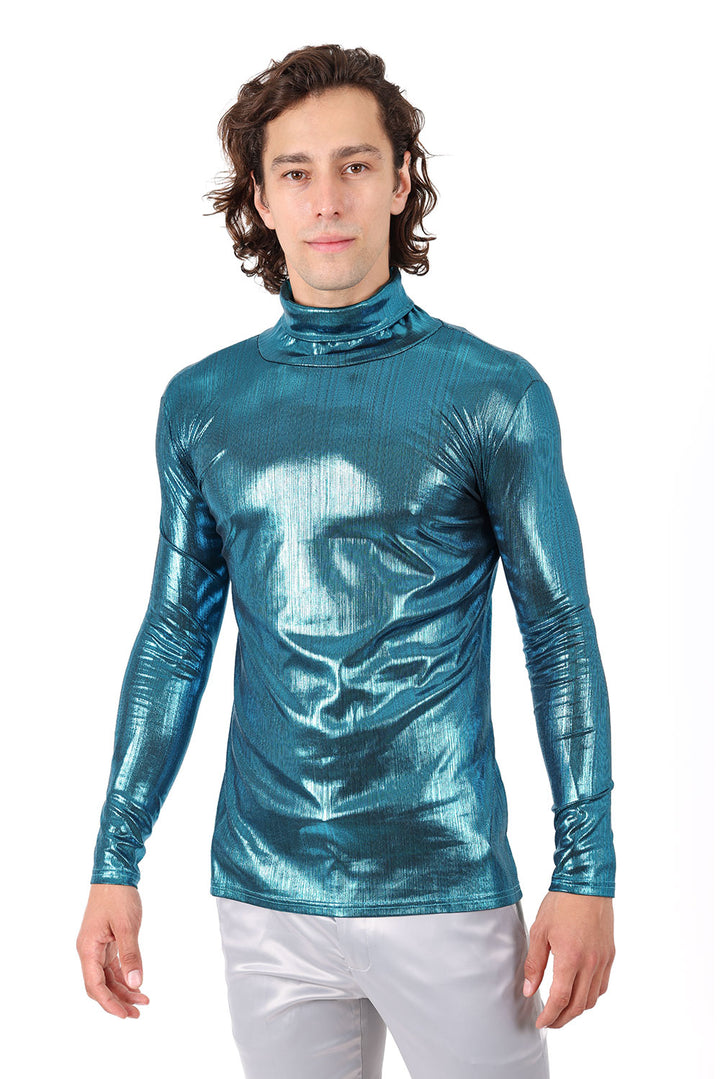 Barabas Men's Metallic Shiny Long Sleeve Turtleneck Sweater 2KT1000 Teal