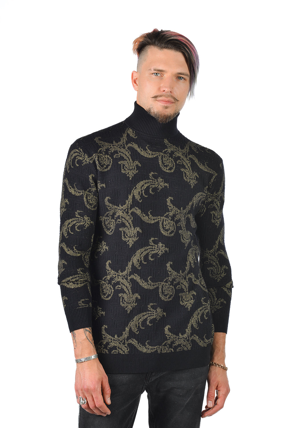 Barabas Men's Floral Print Design Long Sleeve Turtleneck Sweater 2LS2102 Black Gold