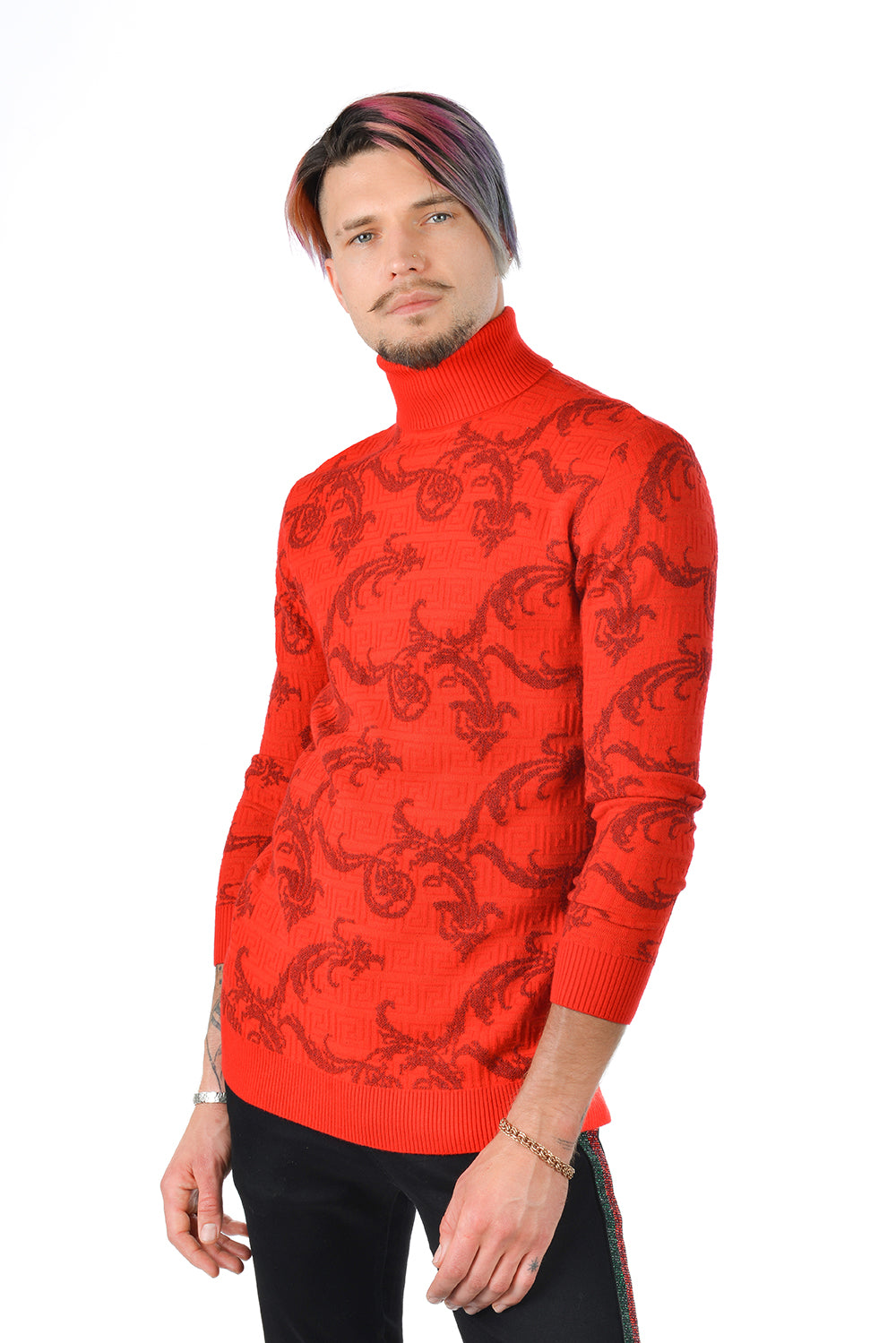 Barabas Men's Floral Print Design Long Sleeve Turtleneck Sweater 2LS2102 Red