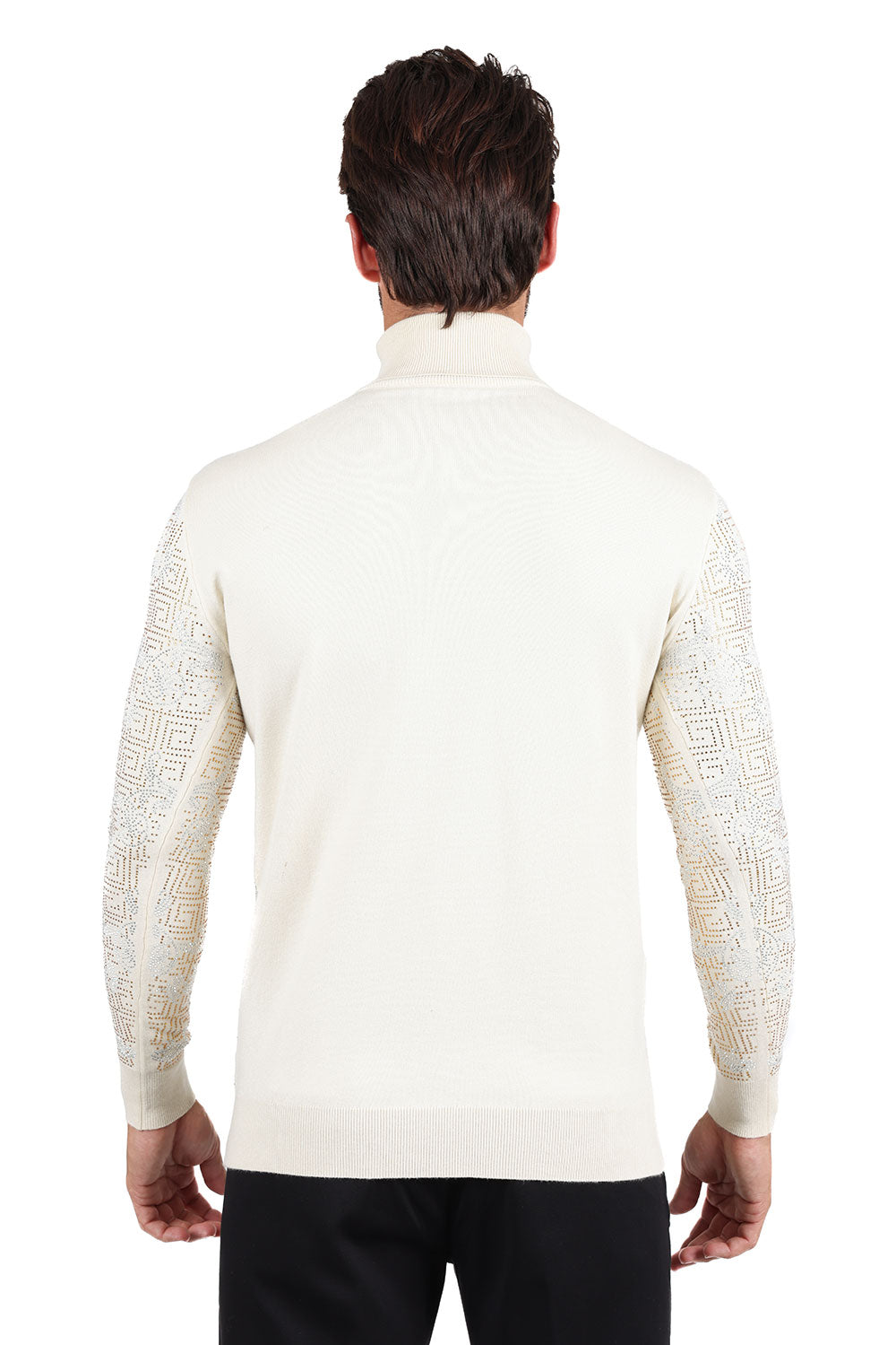 Barabas Men's Rhinestone Floral Greek Pattern Turtleneck Sweater 2LS2105 Cream Gold