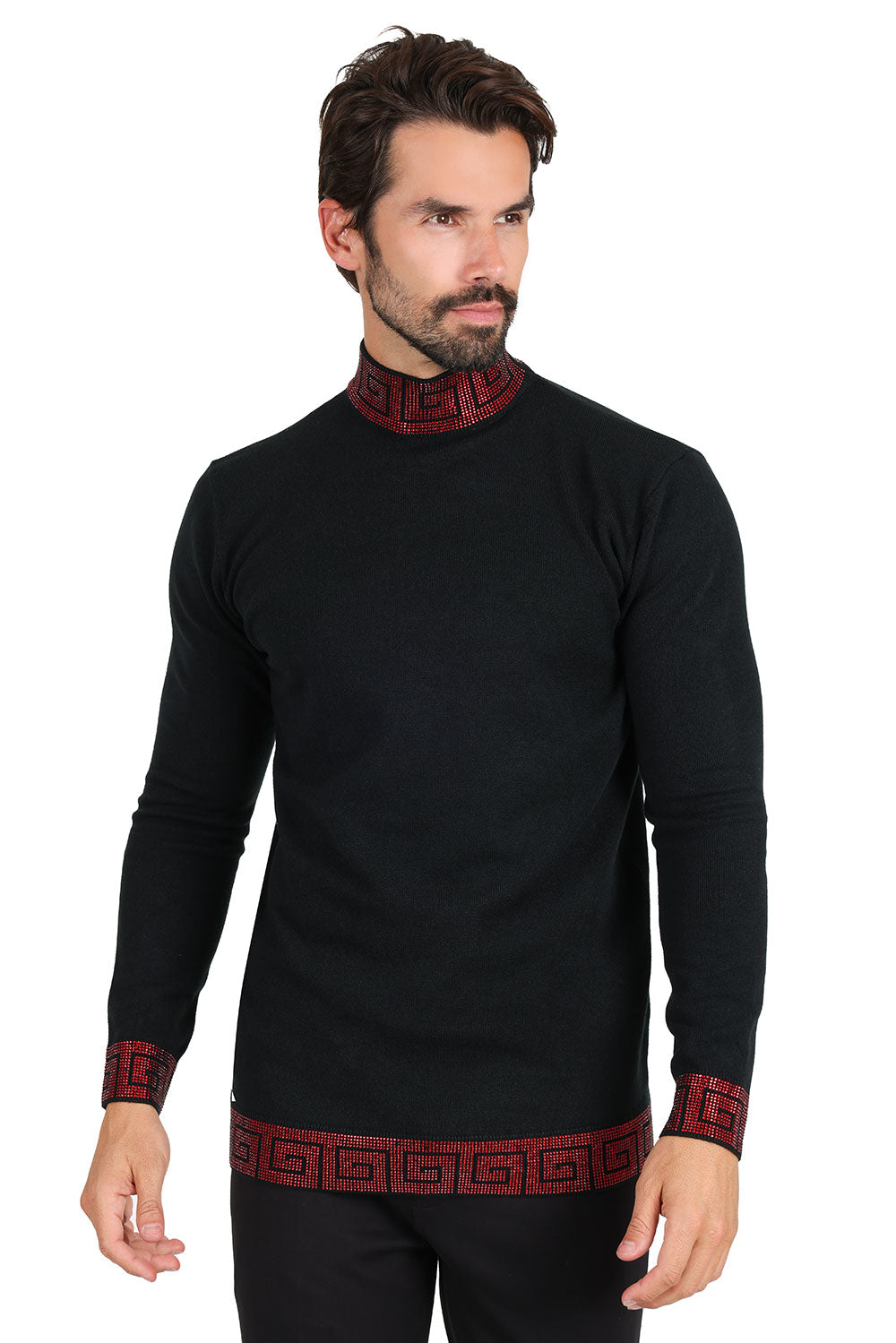 Barabas Men's Rhinestones Greek Key Pattern Turtleneck Sweater 2LS2106 Black Red