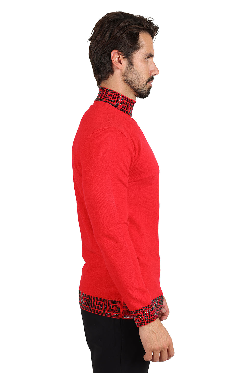 Barabas Men's Rhinestones Greek Key Pattern Turtleneck Sweater 2LS2106 Red Black