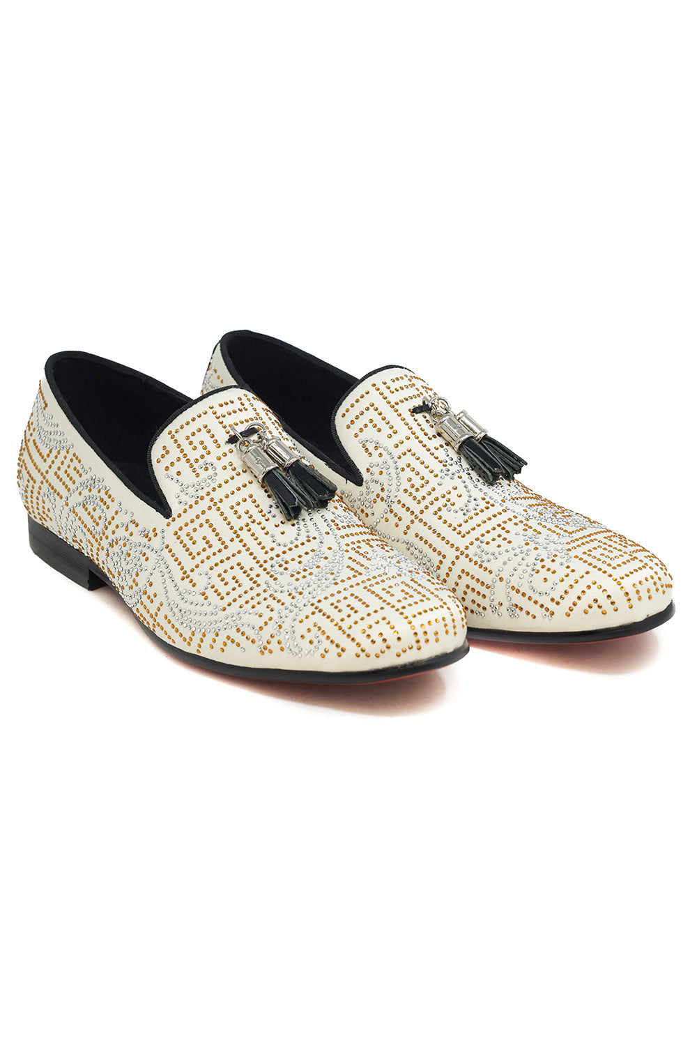 Barabas Men's Greek Key Pattern Tassel Slip On Loafer Shoes 2SH3102ST Cream Gold