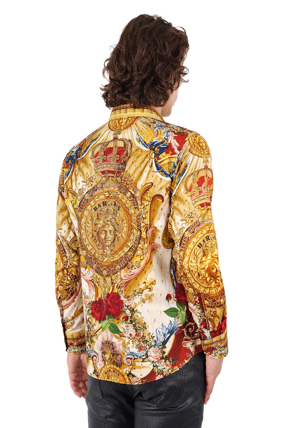 BARABAS Men's Rhinestone Medusa Floral Printed Baroque Shirt 2SPR222