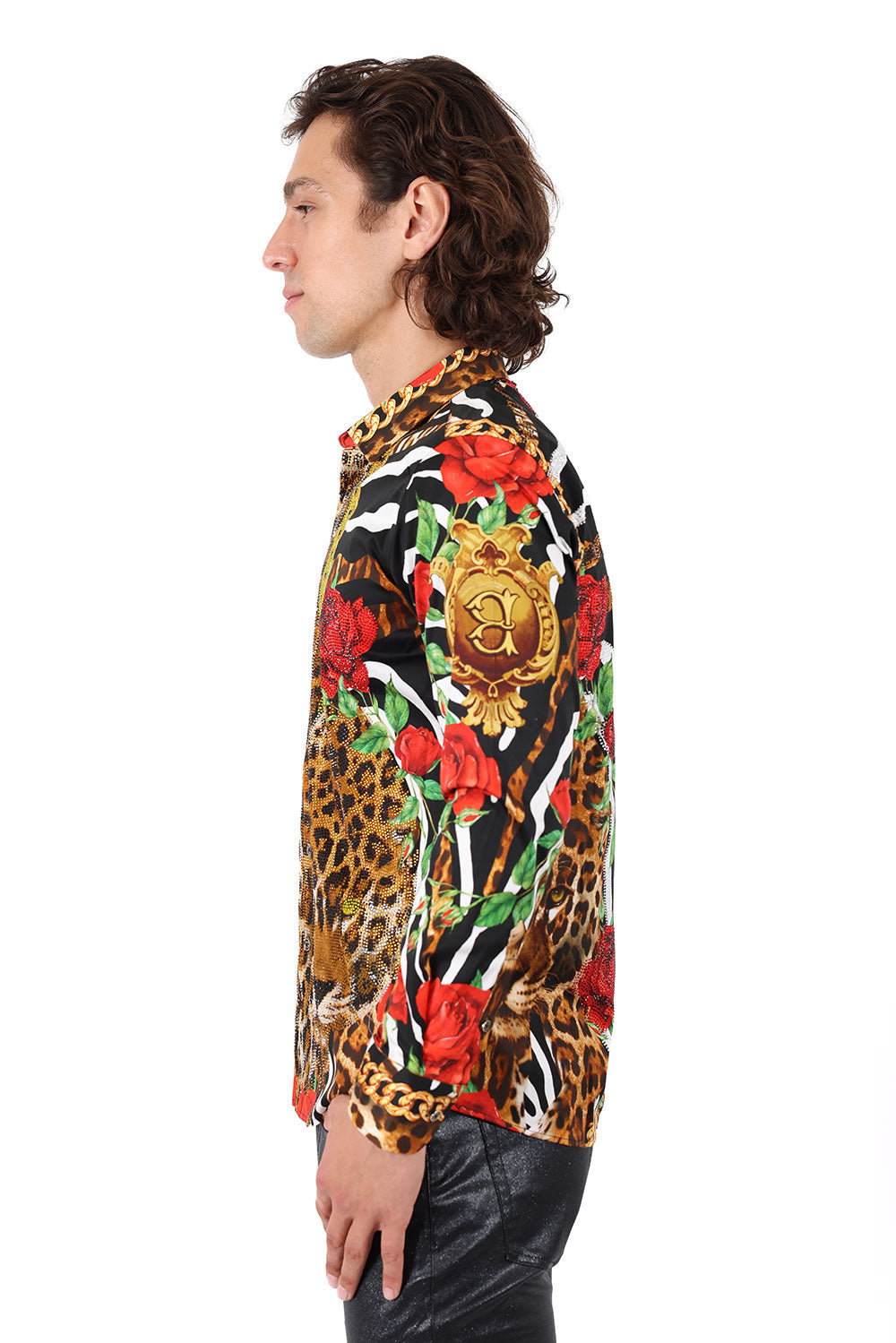 BARABAS Men's Rhinestone Leopard Floral Long Sleeves Shirt 2SPR227 Multi