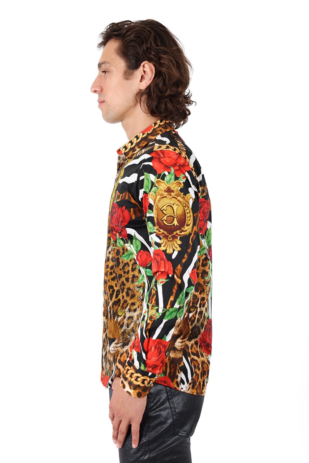BARABAS Men's Rhinestone Leopard Floral Long Sleeves Shirt 2SPR227 Multi