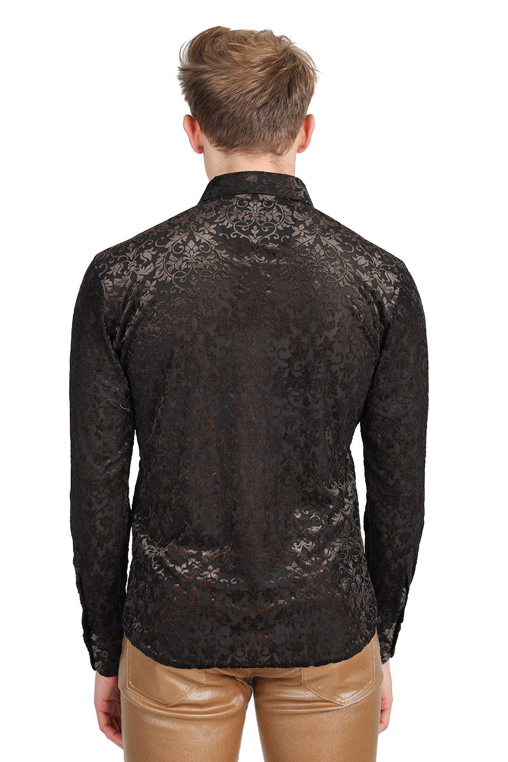 BARABAS Men's Floral Vines See Through Long Sleeve Shirt 2SVL08 Black Gold