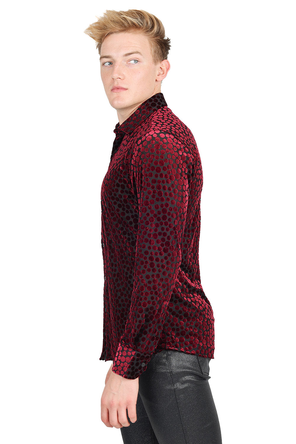 BARABAS Men's Polka Dotted See Through Long Sleeve Shirt 2SVL11 Red