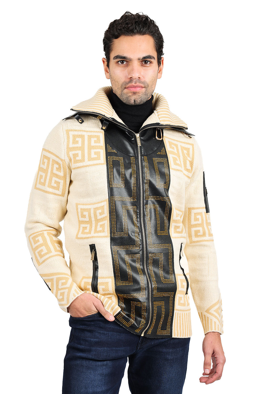 Barabas Men's Greek Key Print Front Faux Leather Winter Sweater 2SWZ2 Mocha