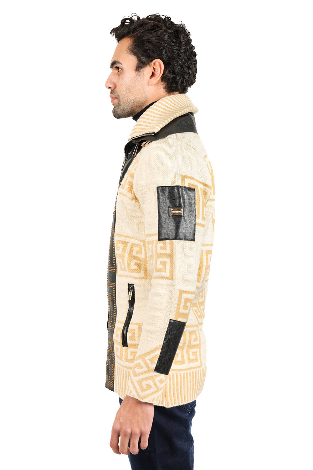 Barabas Men's Greek Key Print Front Faux Leather Winter Sweater 2SWZ2 Mocha