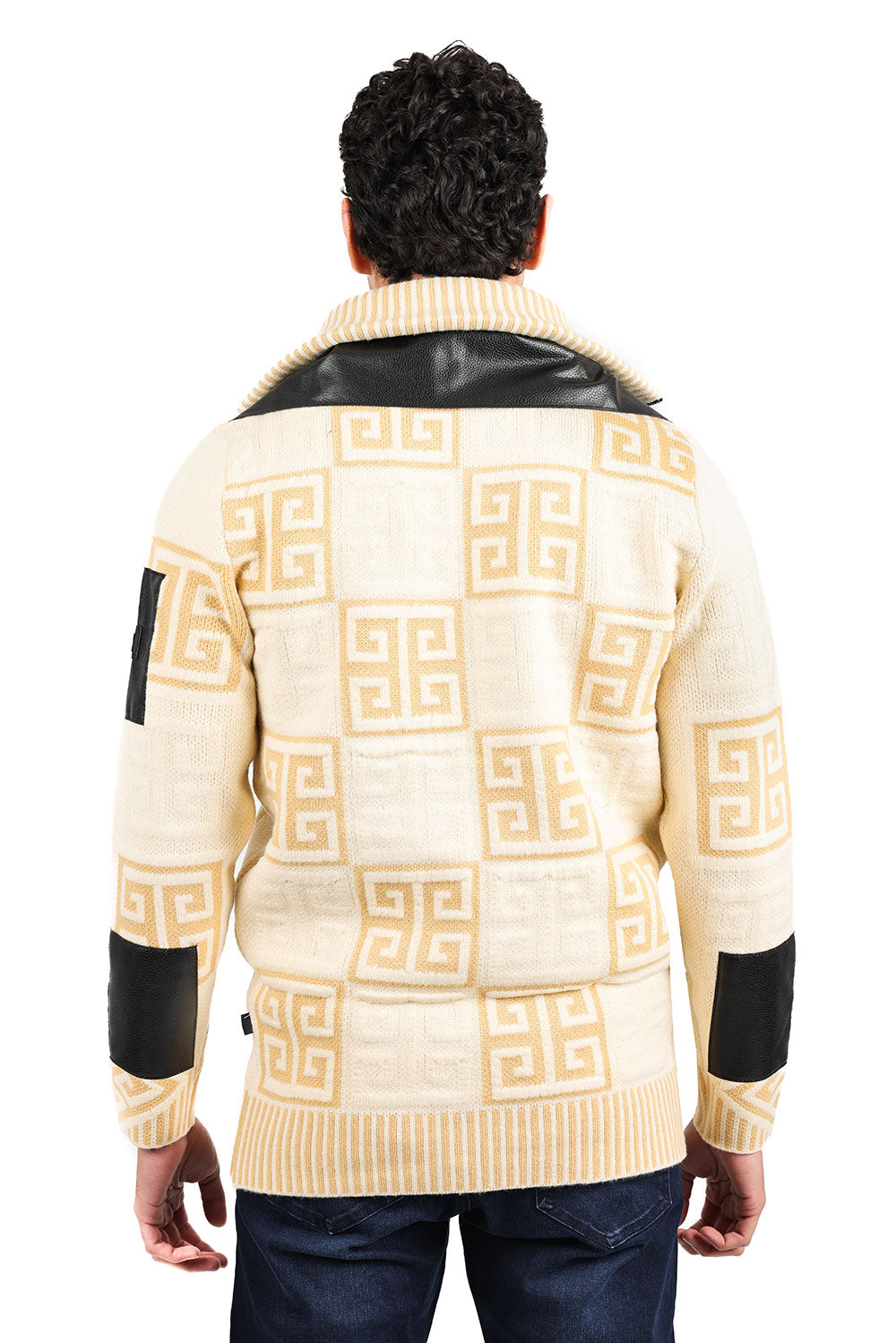 Barabas Men's Greek Key Print Front Faux Leather Winter Sweater 2SWZ2 Mocha