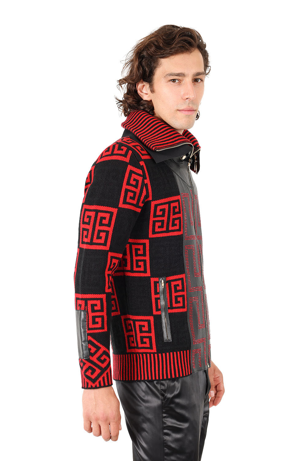 Barabas Men's Greek Key Print Rhinestone Leather Winter Sweater 2SWZ2 Red Black