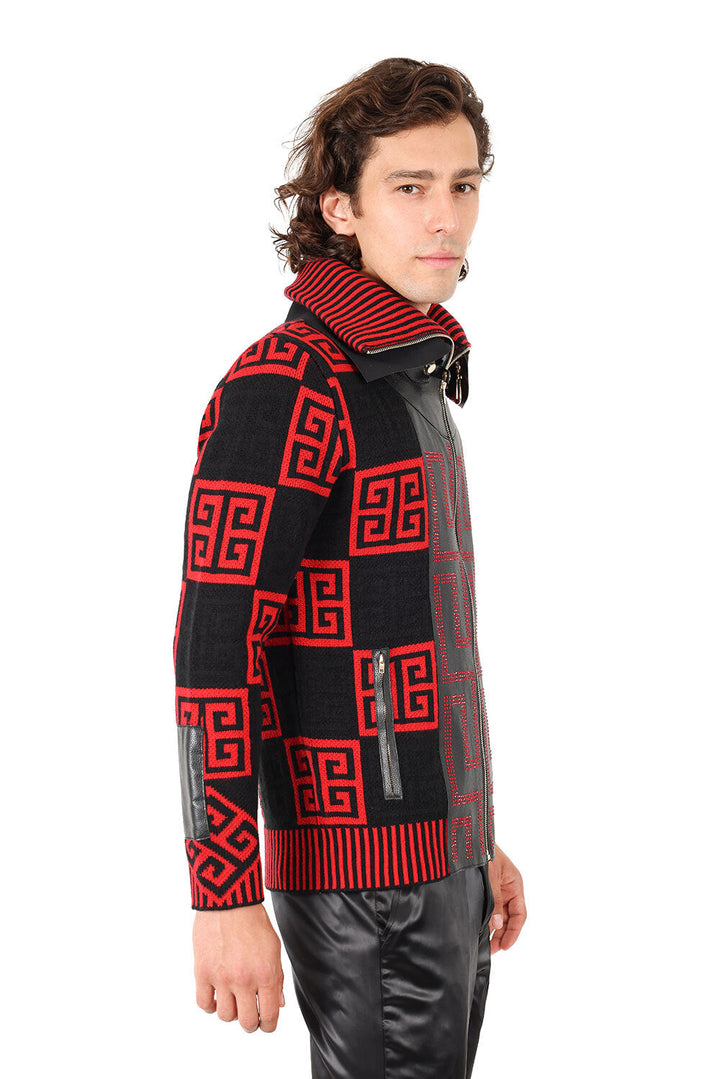 Barabas Men's Greek Key Print Rhinestone Leather Winter Sweater 2SWZ2 Red Black