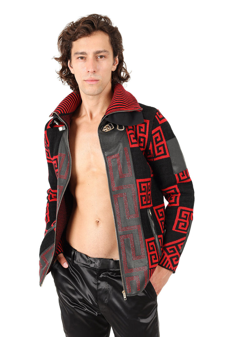 Barabas Men's Greek Key Print Rhinestone Leather Winter Jacket 2SWZ2 Red Black