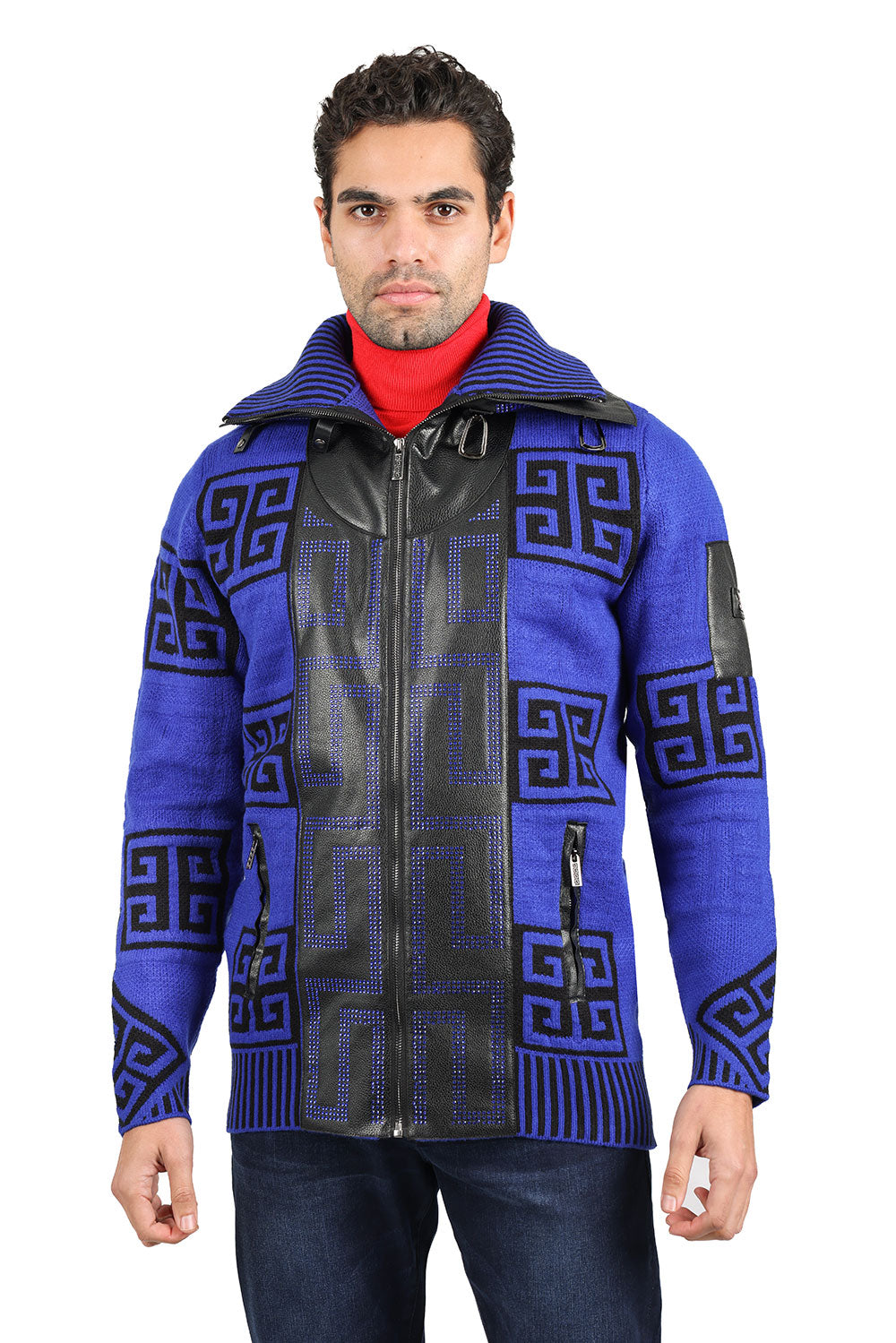 Barabas Men's Greek Key Print Front Faux Leather Winter Jacket 2SWZ2 Royal