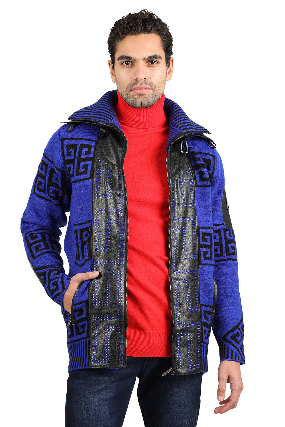 Barabas Men's Greek Key Print Front Faux Leather Winter Jacket 2SWZ2 Royal Black