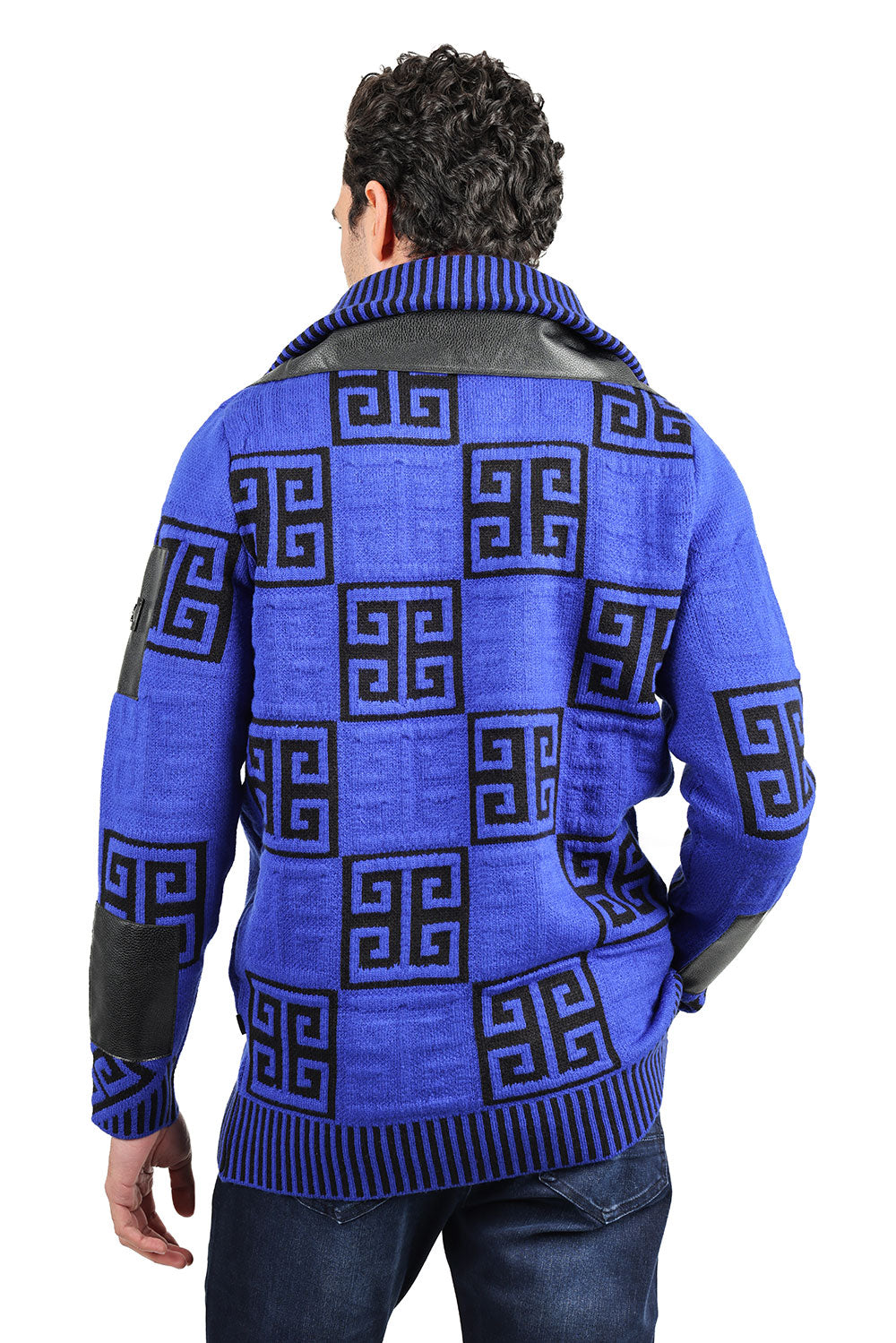 Barabas Men's Greek Key Print Front Faux Leather Winter Jacket 2SWZ2 Royal Black
