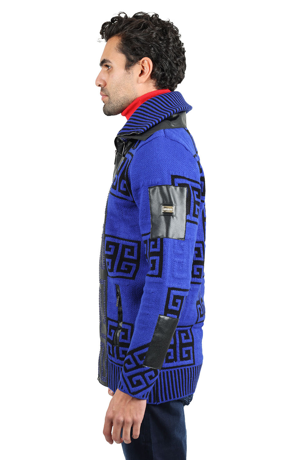 Barabas Men's Greek Key Print Front Faux Leather Winter Jacket 2SWZ2 Royal Black