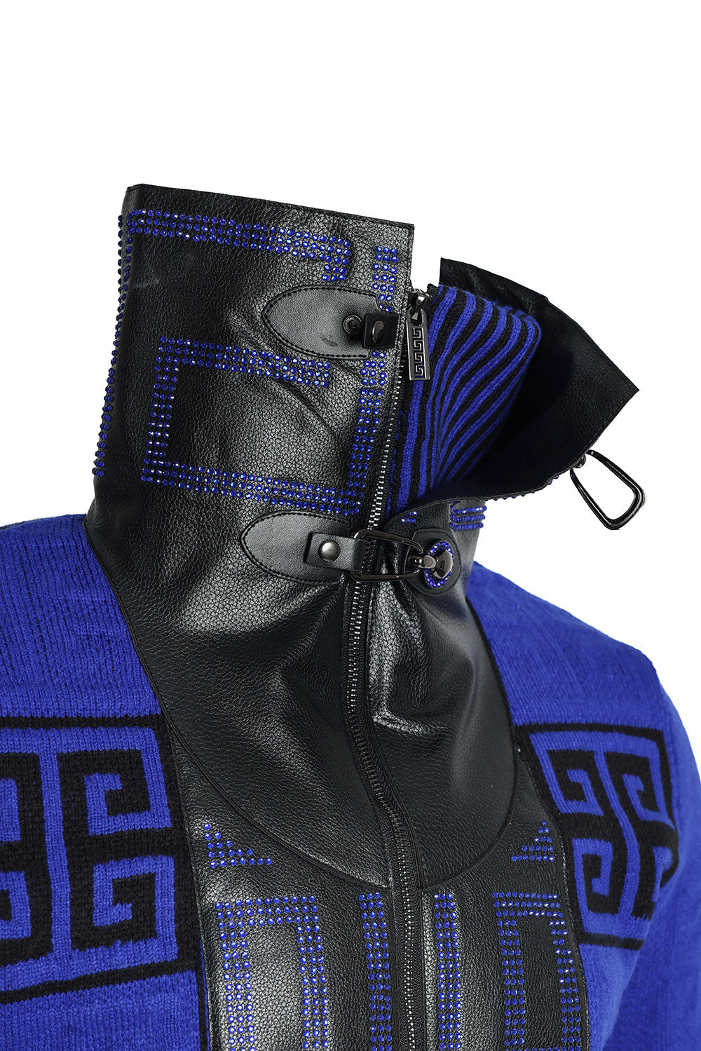 Barabas Men's Greek Key Print Front Faux Leather Winter Jacket 2SWZ2 Royal Black