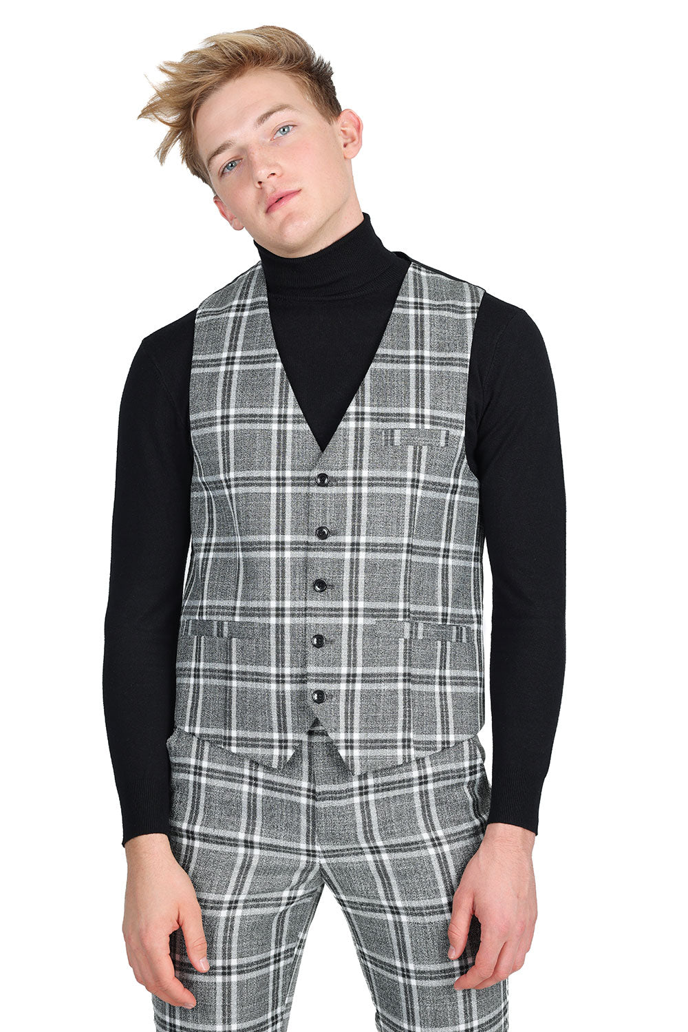 Barabas Men's Checkered Plaid Gold Silver Dress vest 2VP187 Silver Grey