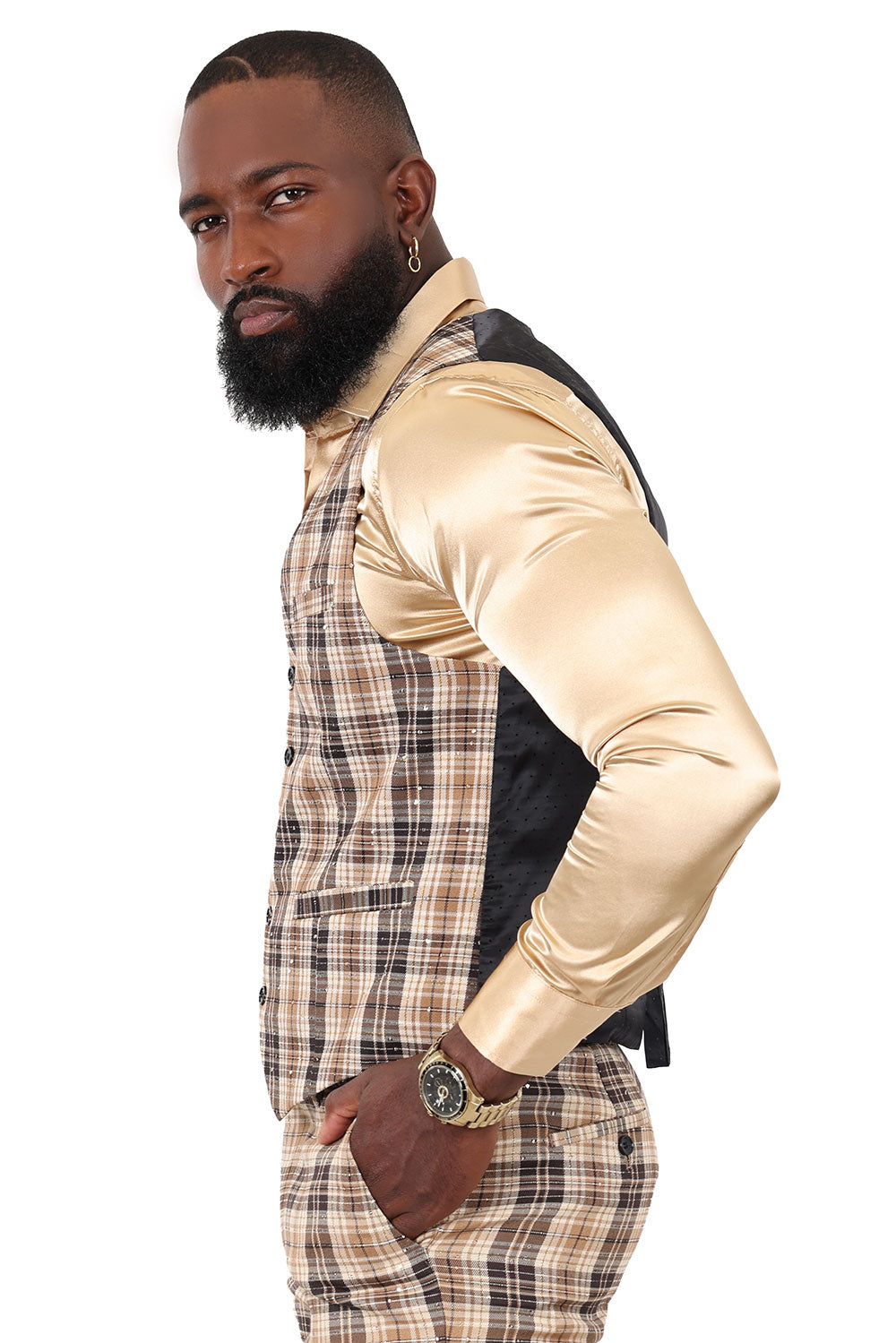 Barabas Men's Rhinestone Plaid Checkered Dress Slim Fit Vests 2VP210 Camel