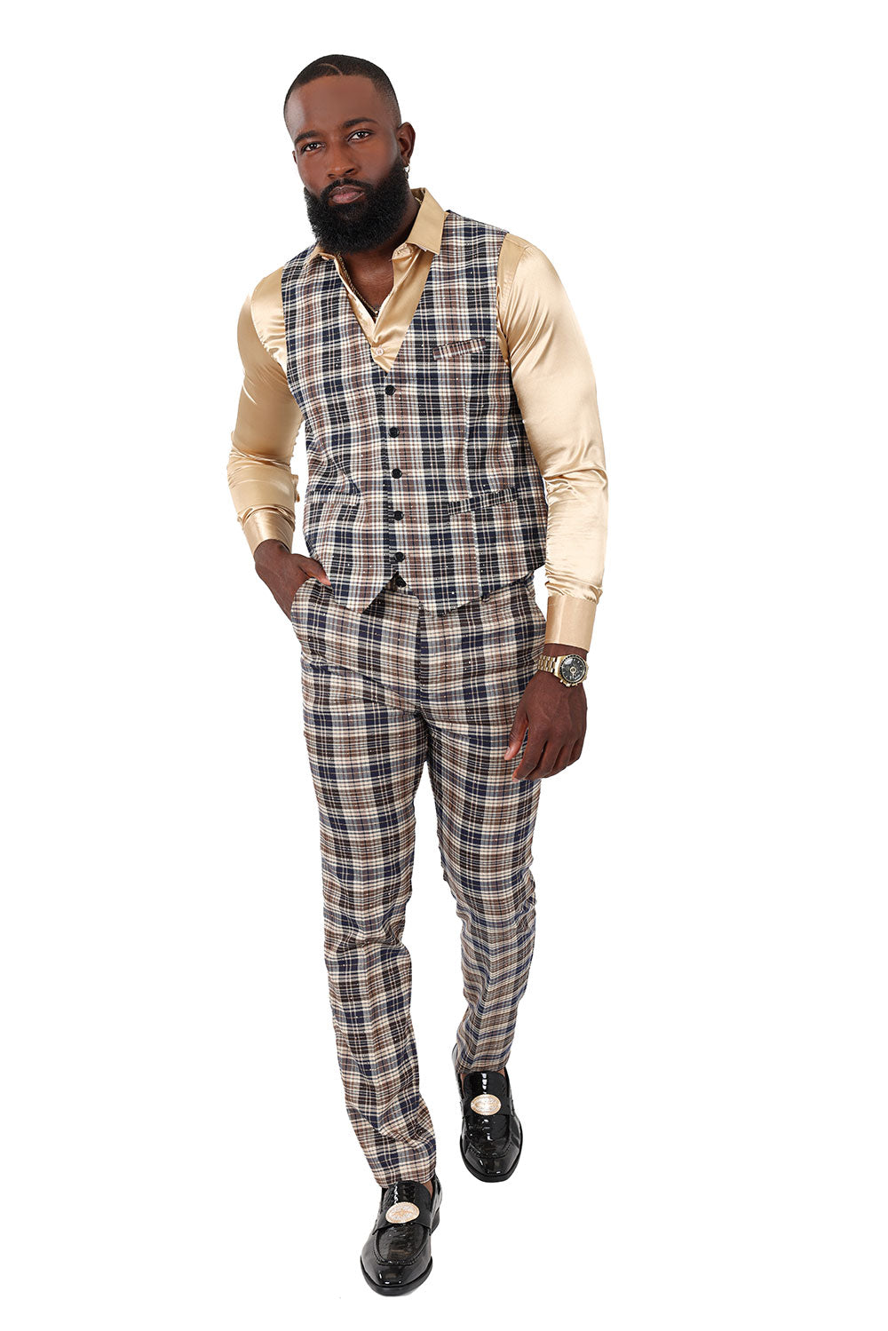 Barabas Men's Rhinestone Plaid Checkered Dress Slim Fit Vests 2VP210 Camel navy