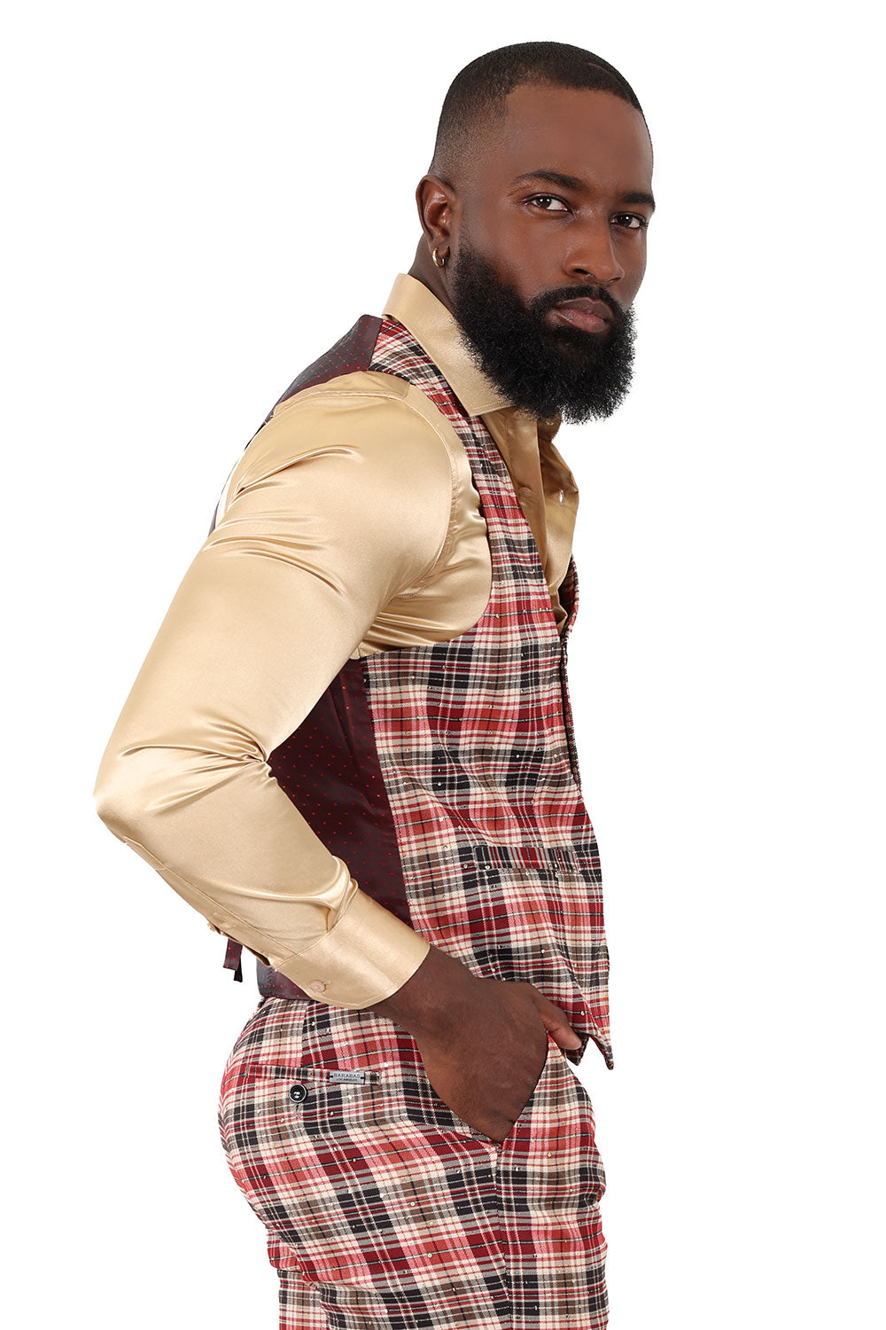 Barabas Men's Rhinestone Plaid Checkered Dress Slim Fit Vests 2VP210 Camel Red