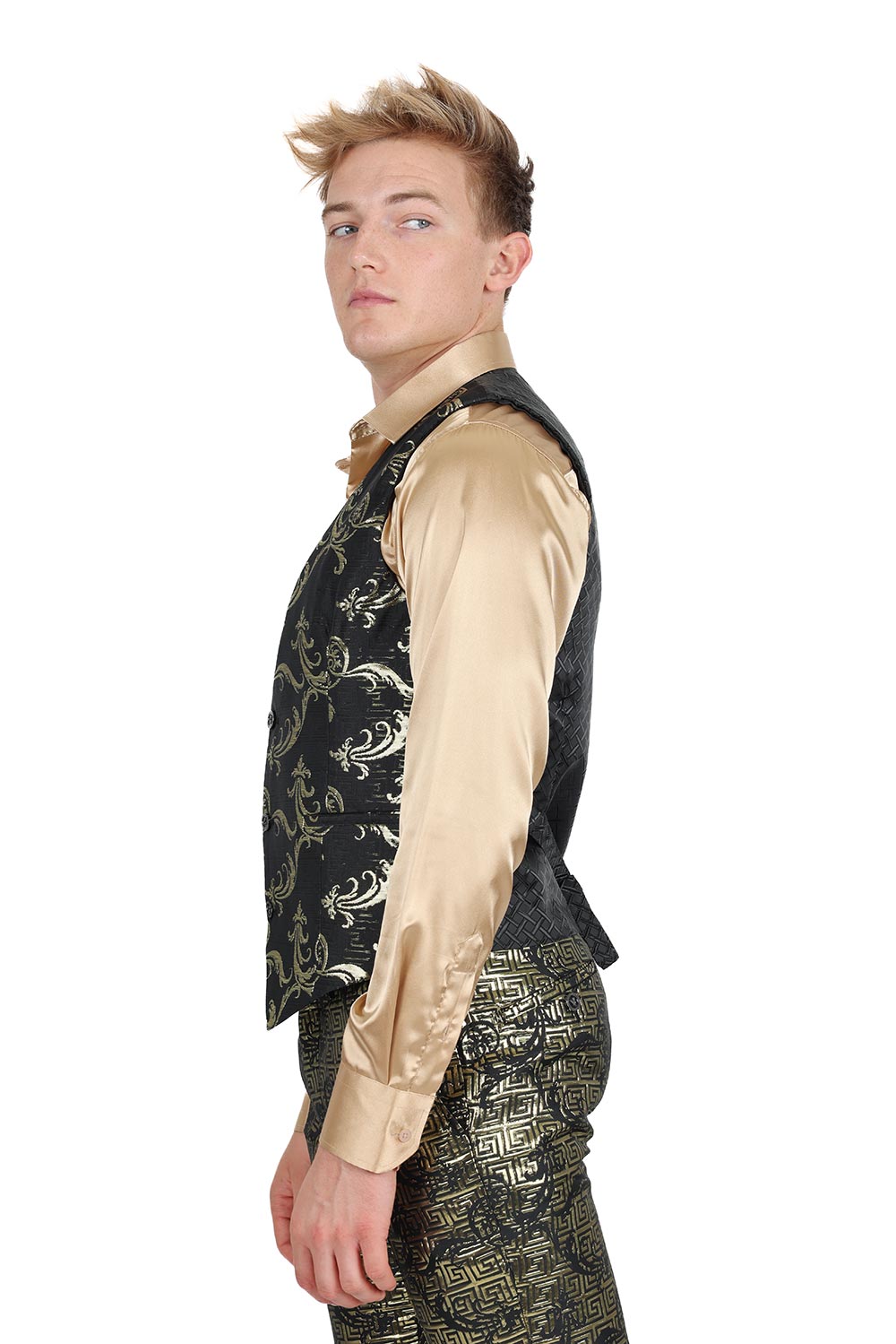 Barabas Men's Greek Key Pattern Floral Print Luxury Dress Vest 2VP3102 Black Gold